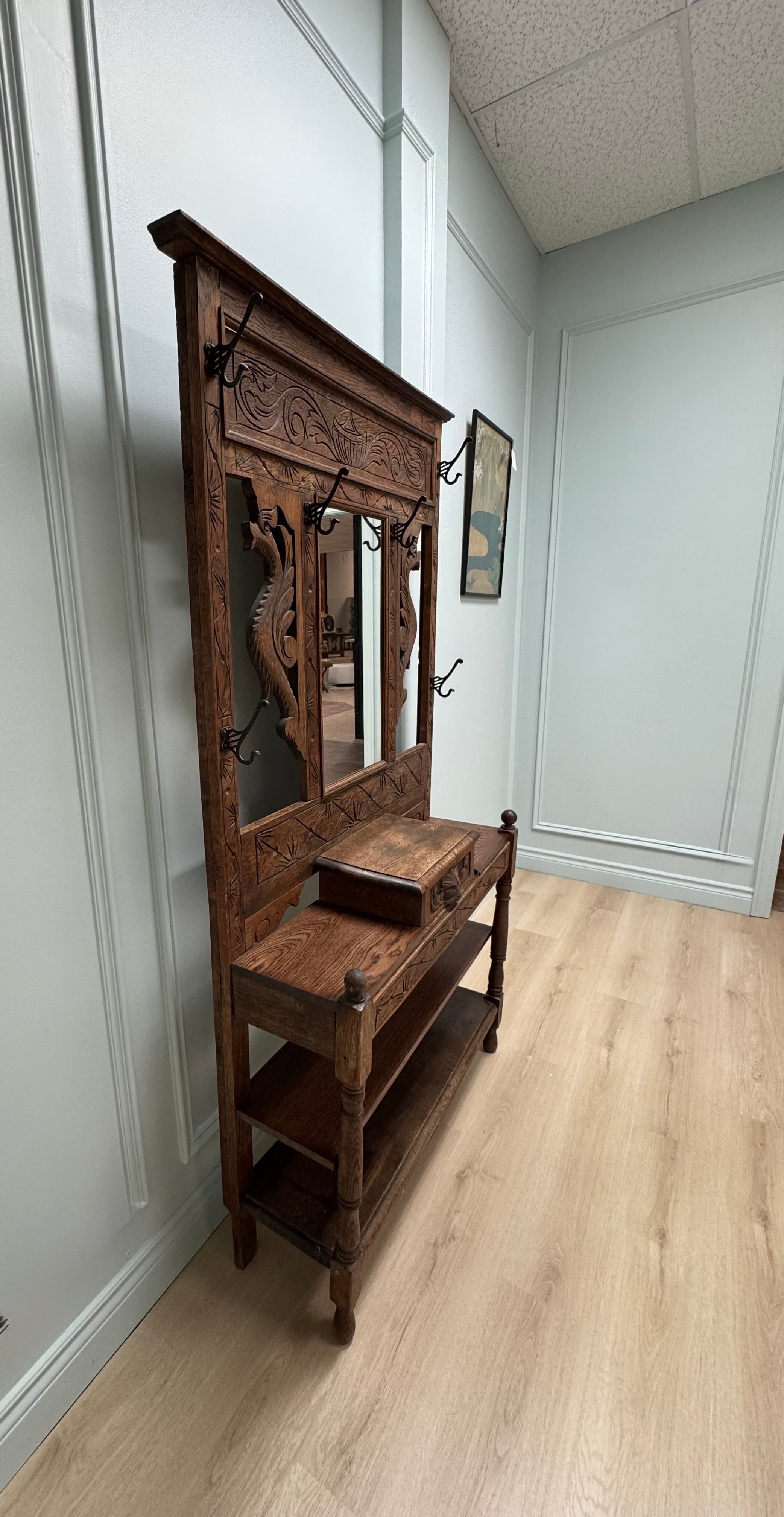 Vintage Carved Wood Hall Stand with Mirror