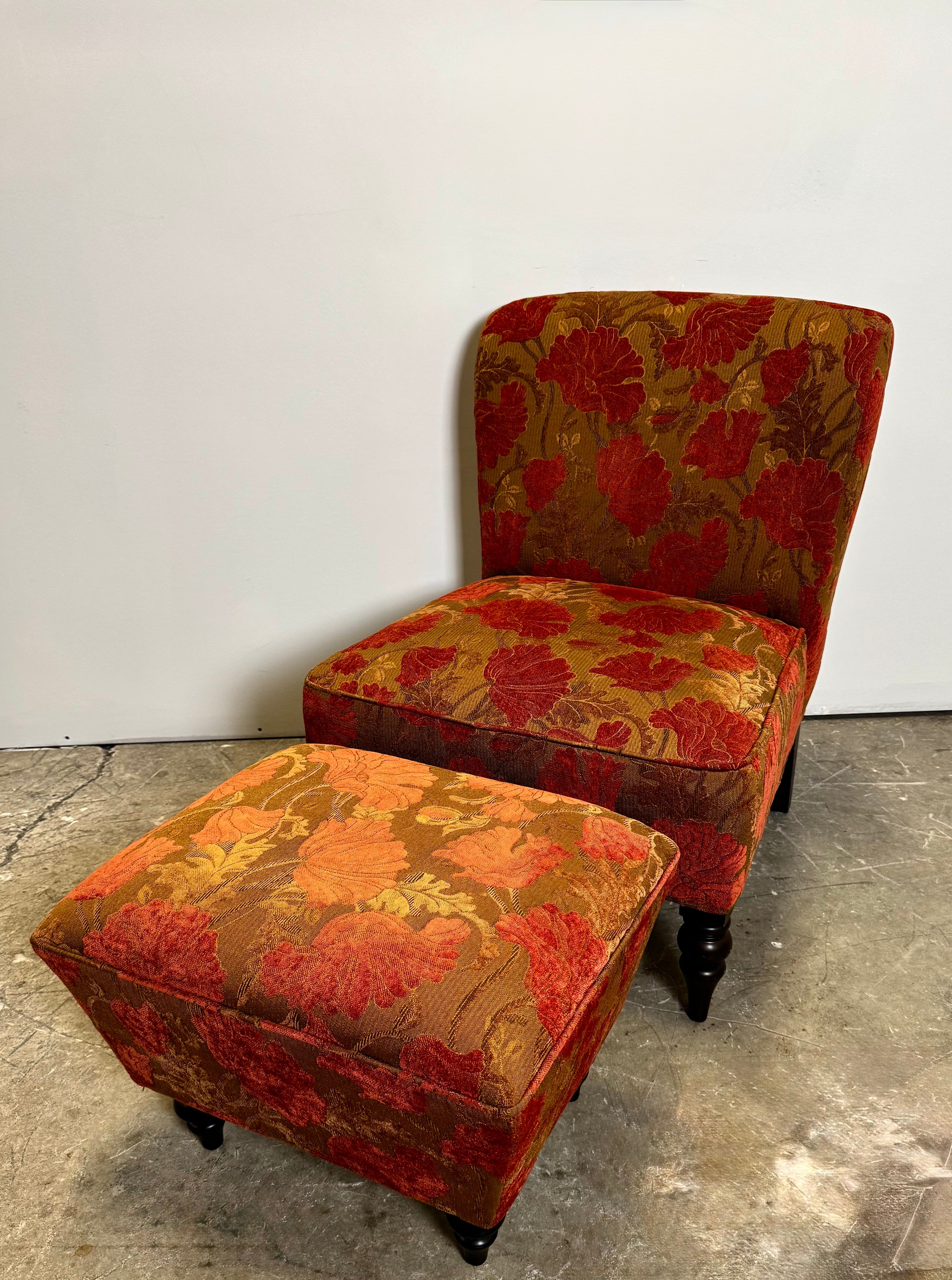 PIER 1 Bronze & Crimson Slipper Chair & Ottoman