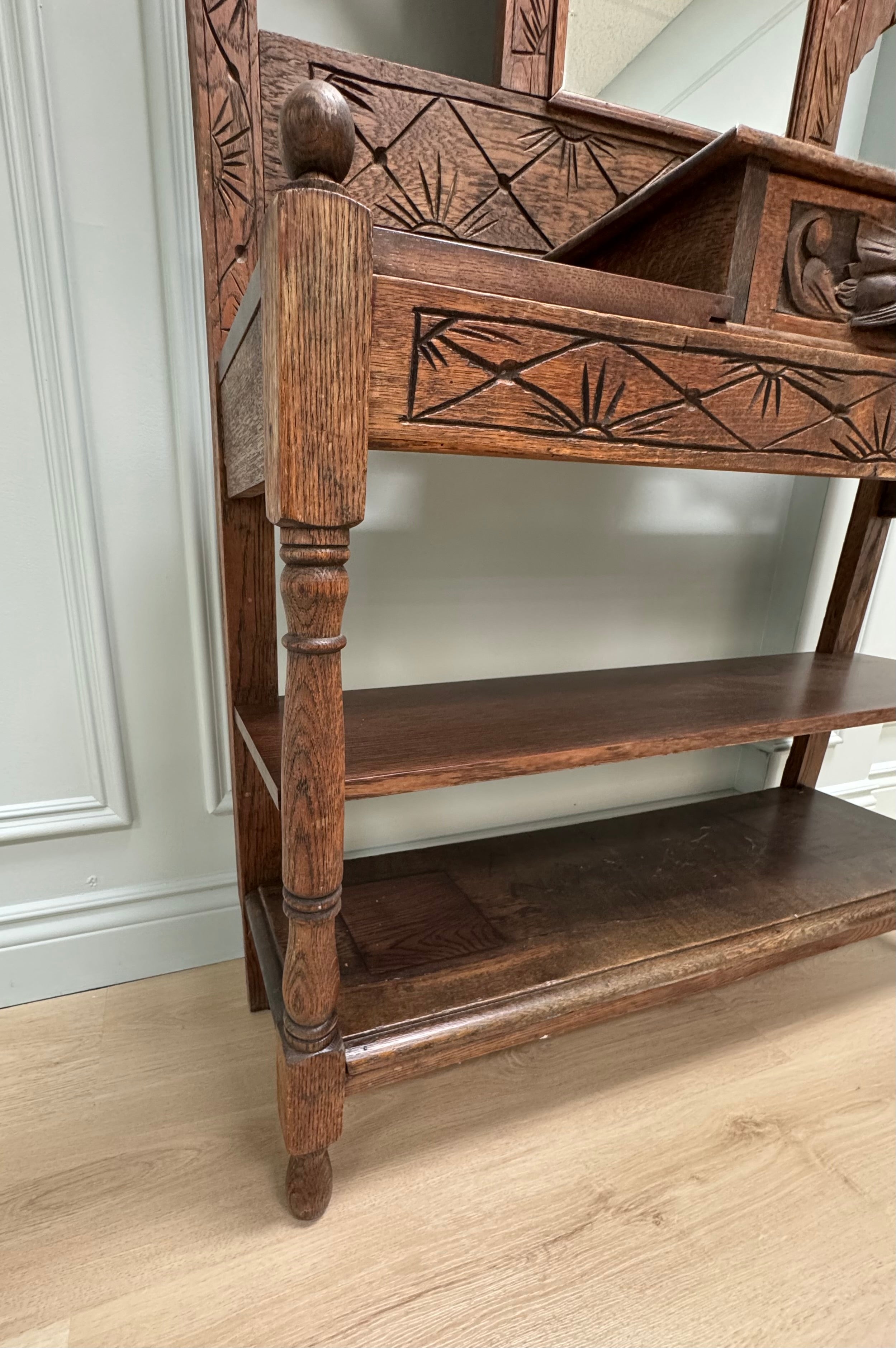 Vintage Carved Wood Hall Stand with Mirror