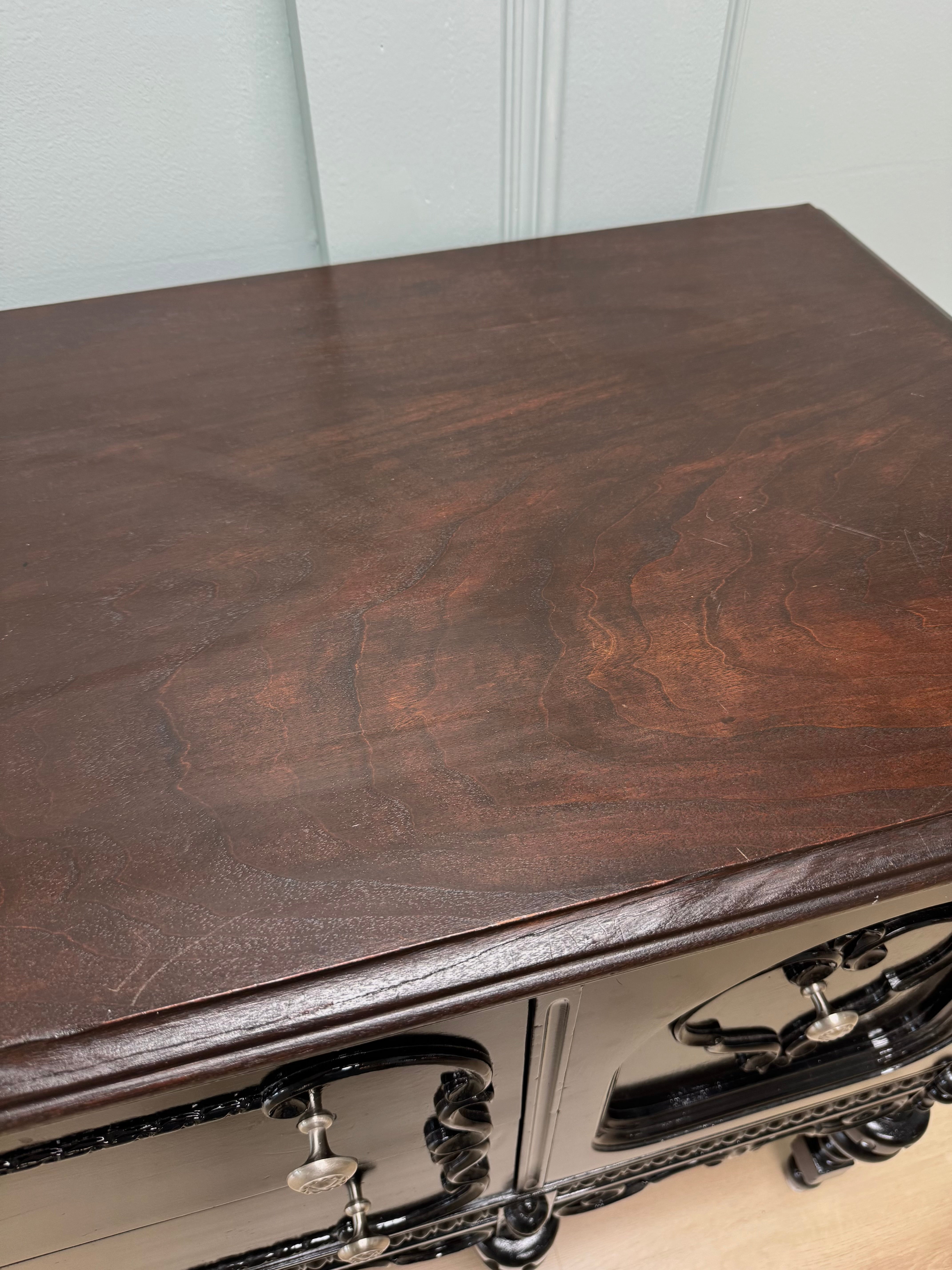 Vintage Gloss Black Sideboard with Dark Wood Top