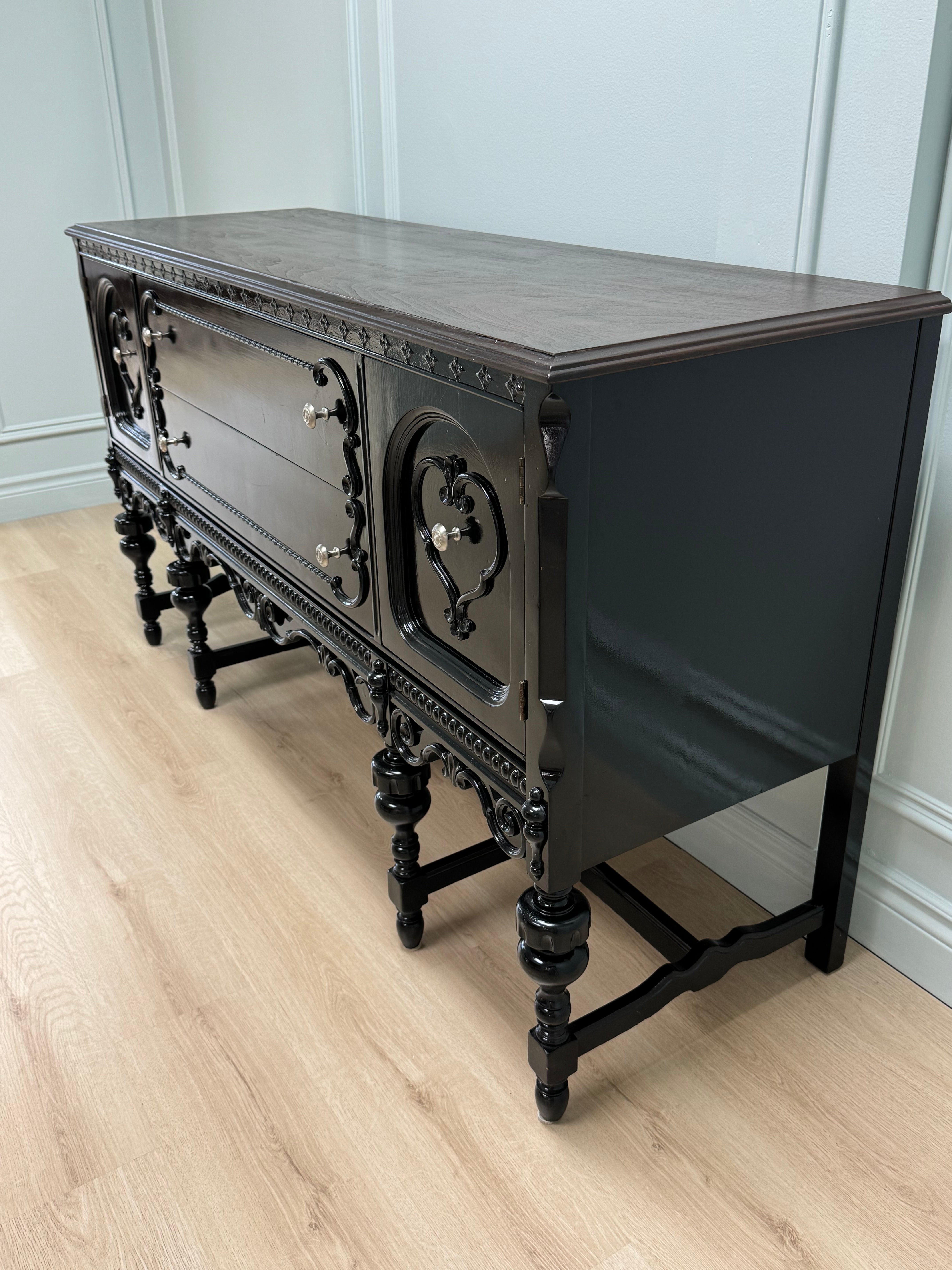 Vintage Gloss Black Sideboard with Dark Wood Top