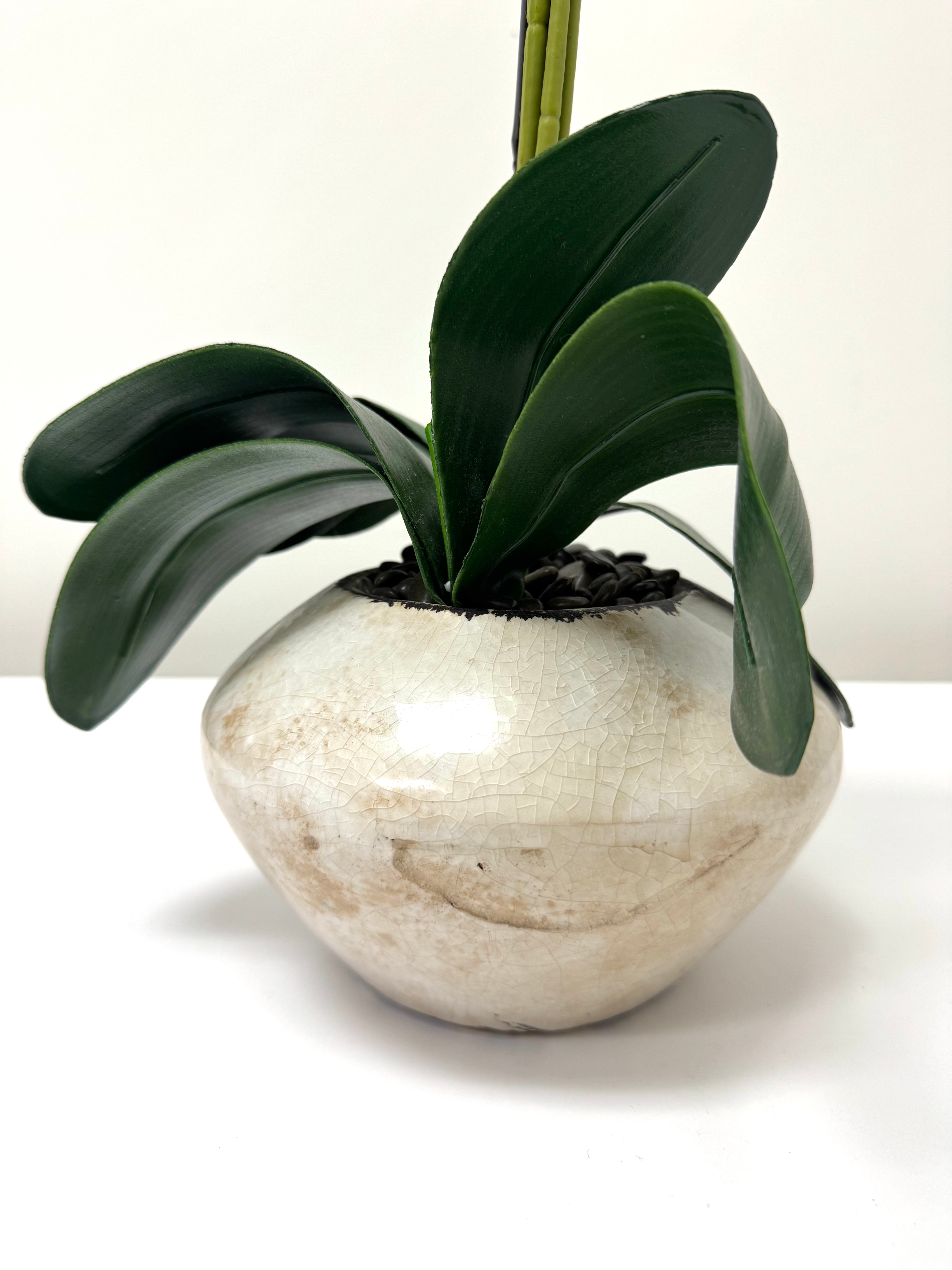 White Faux Orchid in Crackled Glaze Ceramic Pot