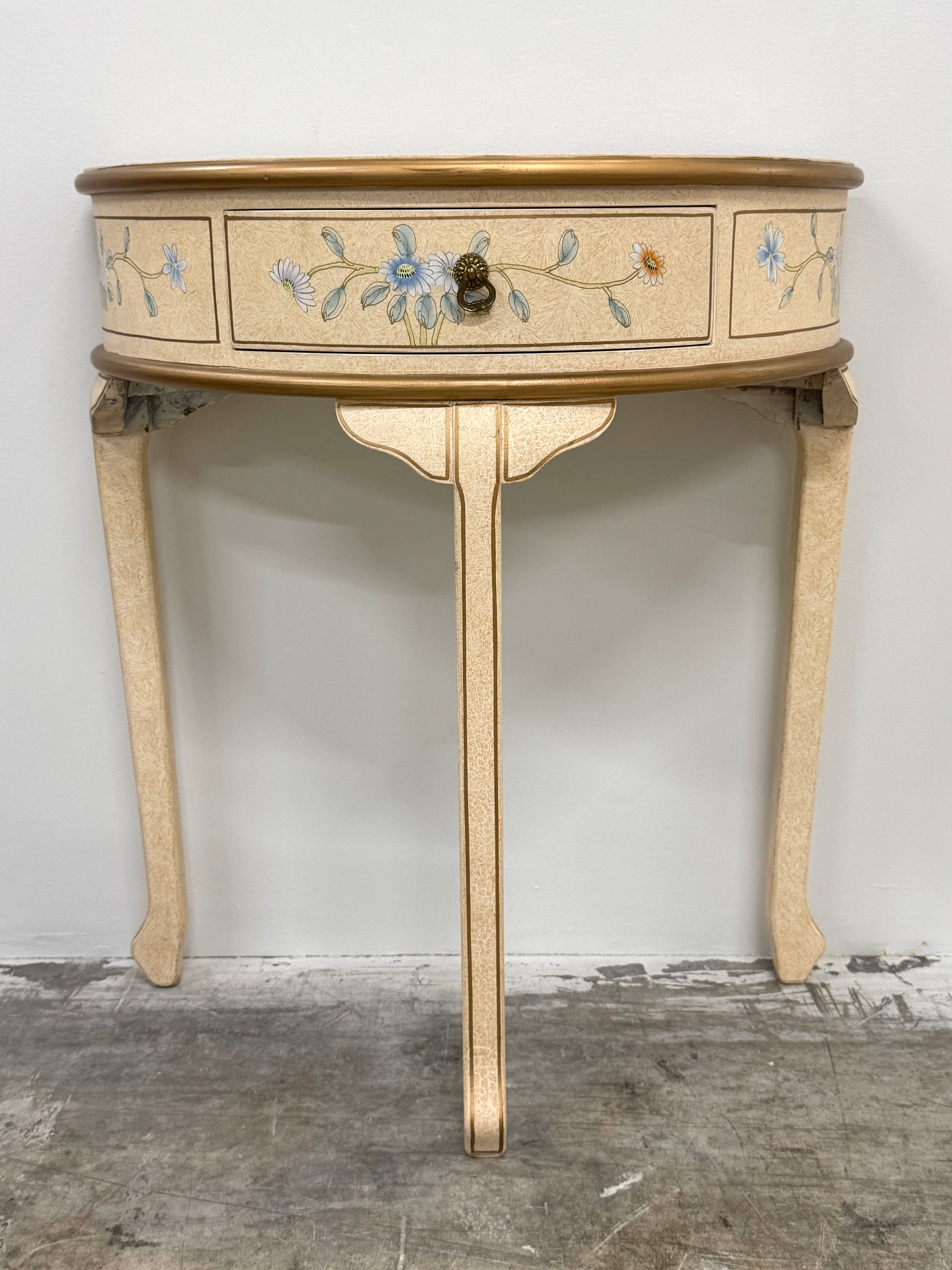 Crackled Ivory Floral 29" Demi-lune Hall Table