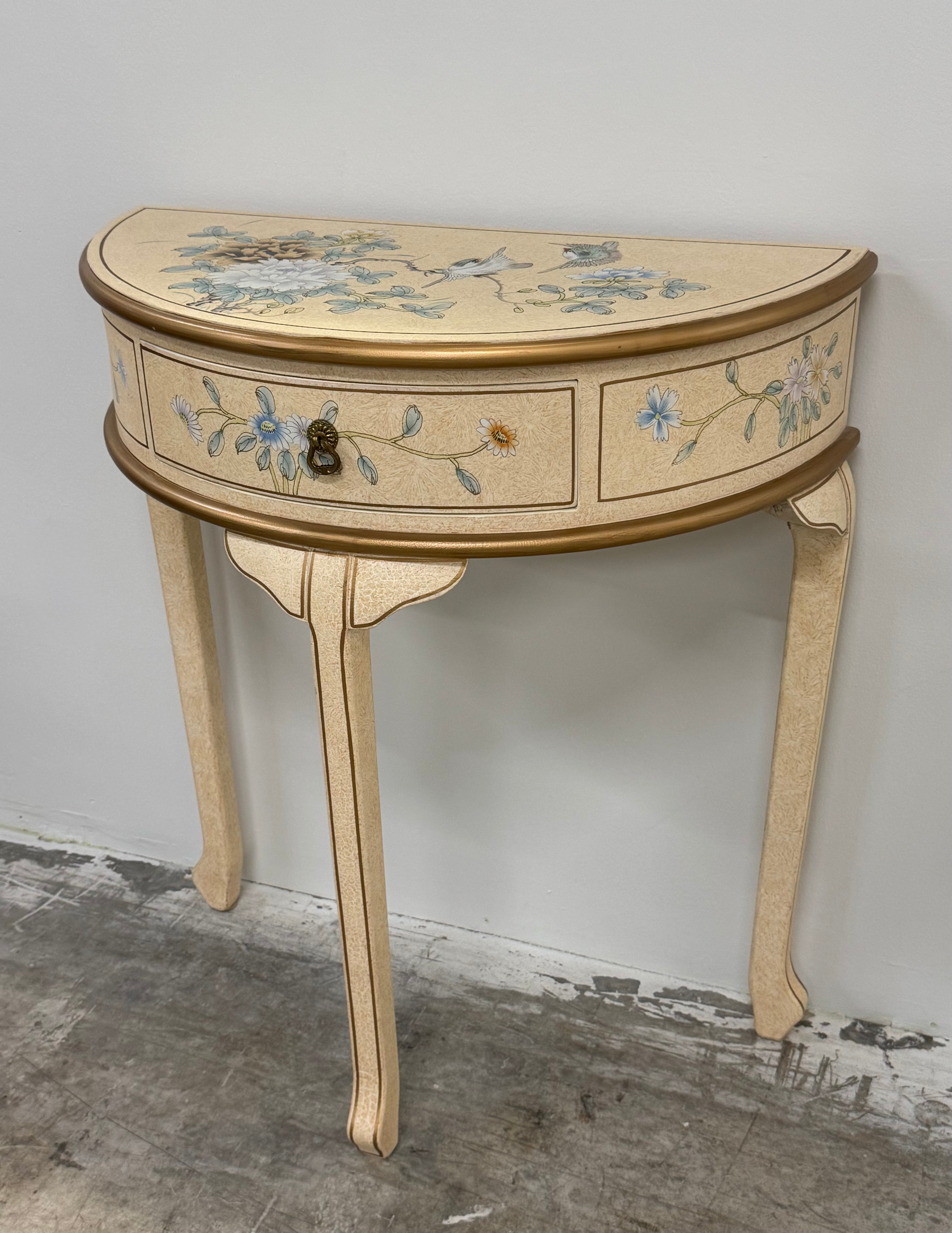 Crackled Ivory Floral 29" Demi-lune Hall Table