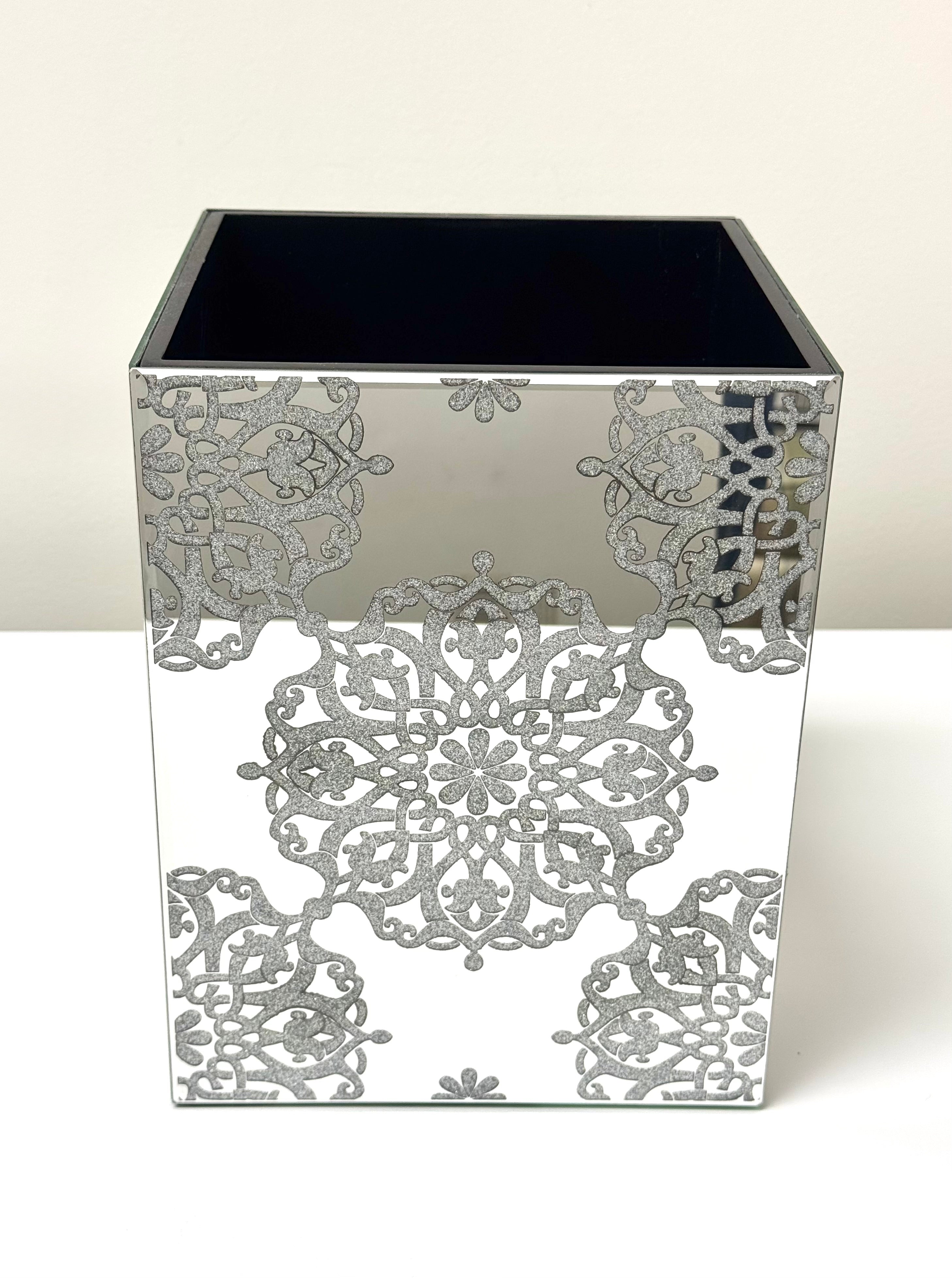 NEW Glitter Floral Medallion Beveled Mirror Wastebasket