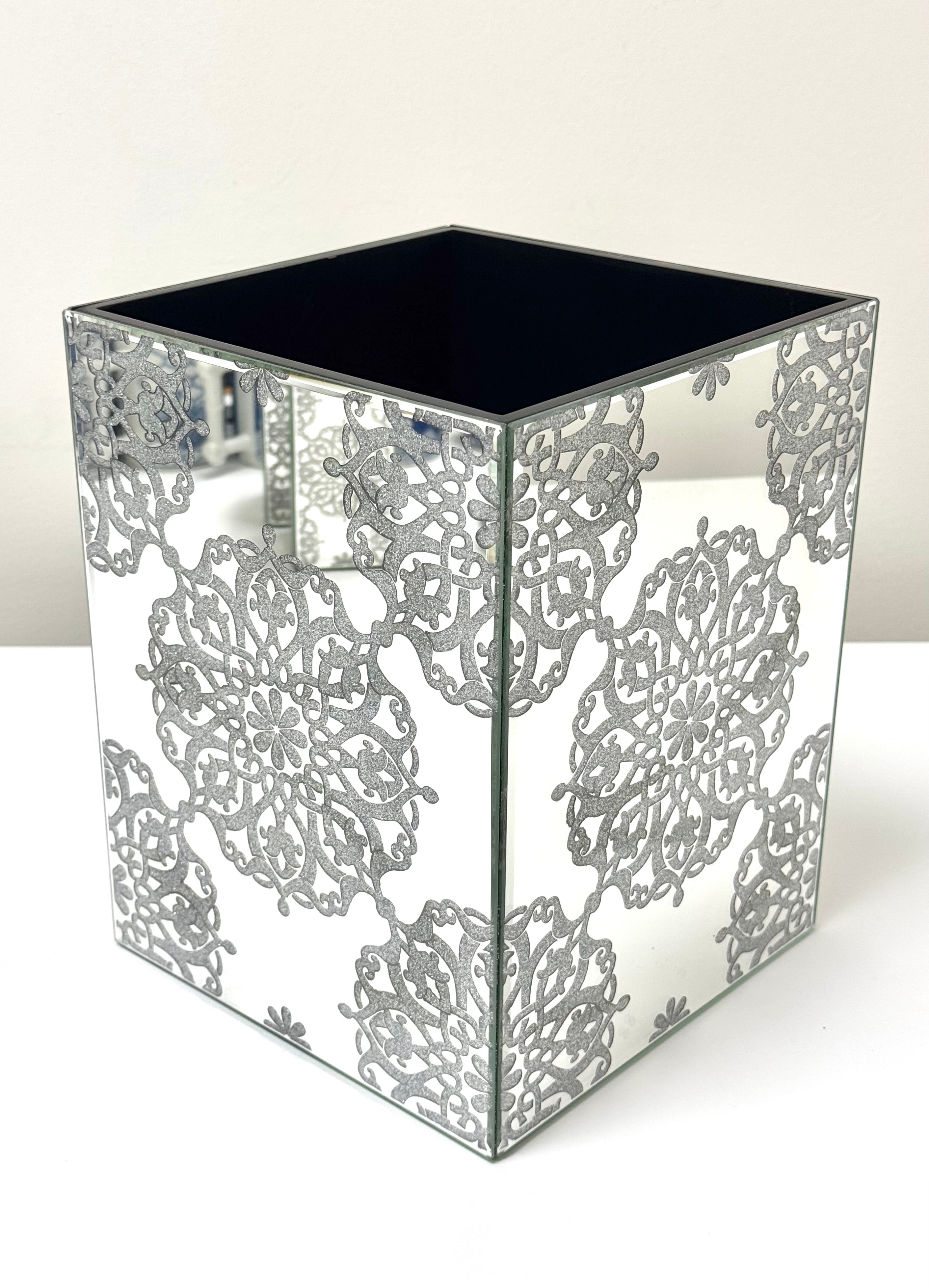 NEW Glitter Floral Medallion Beveled Mirror Wastebasket