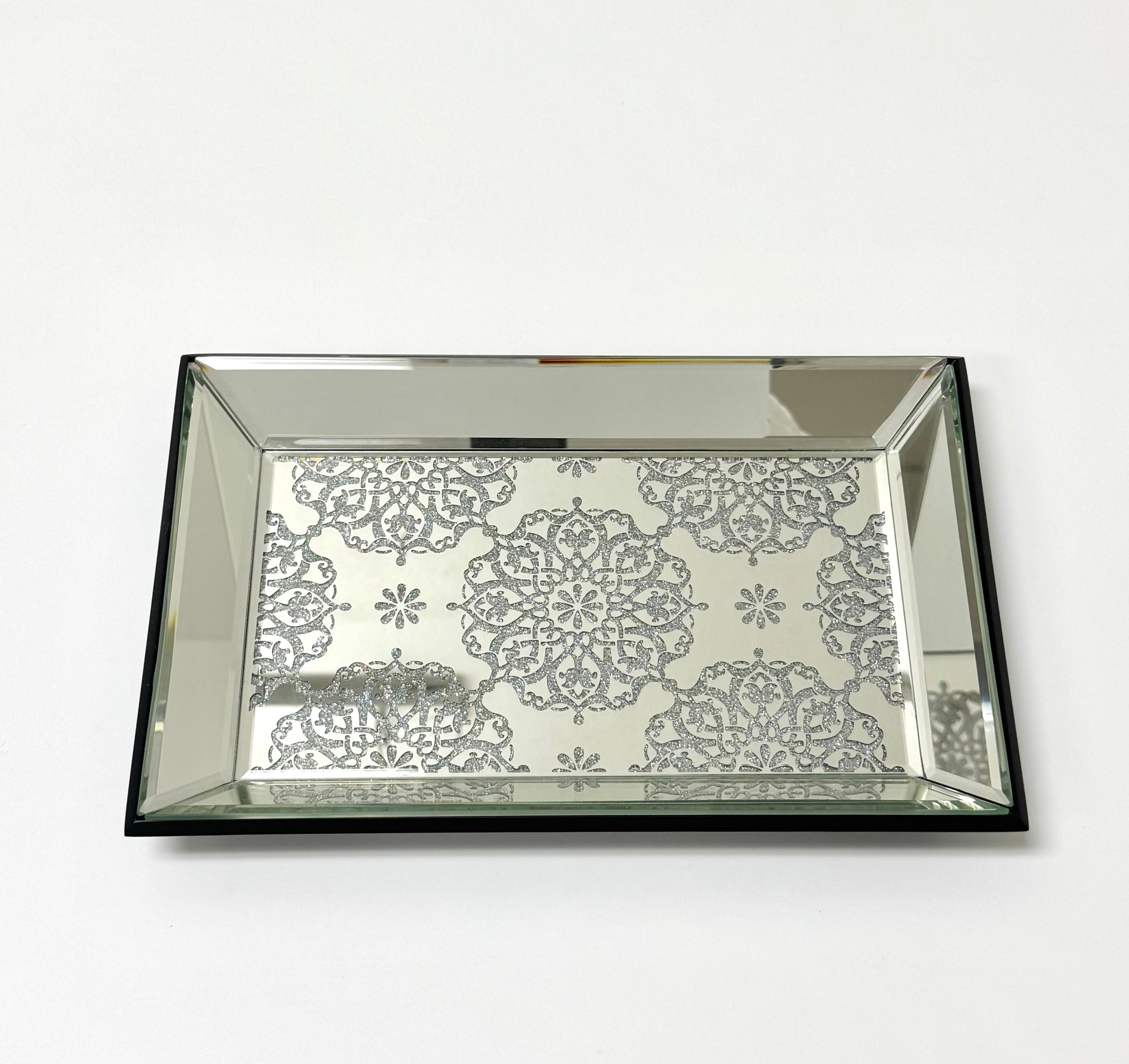 NEW Glitter Floral Medallion Beveled Mirror Vanity Tray