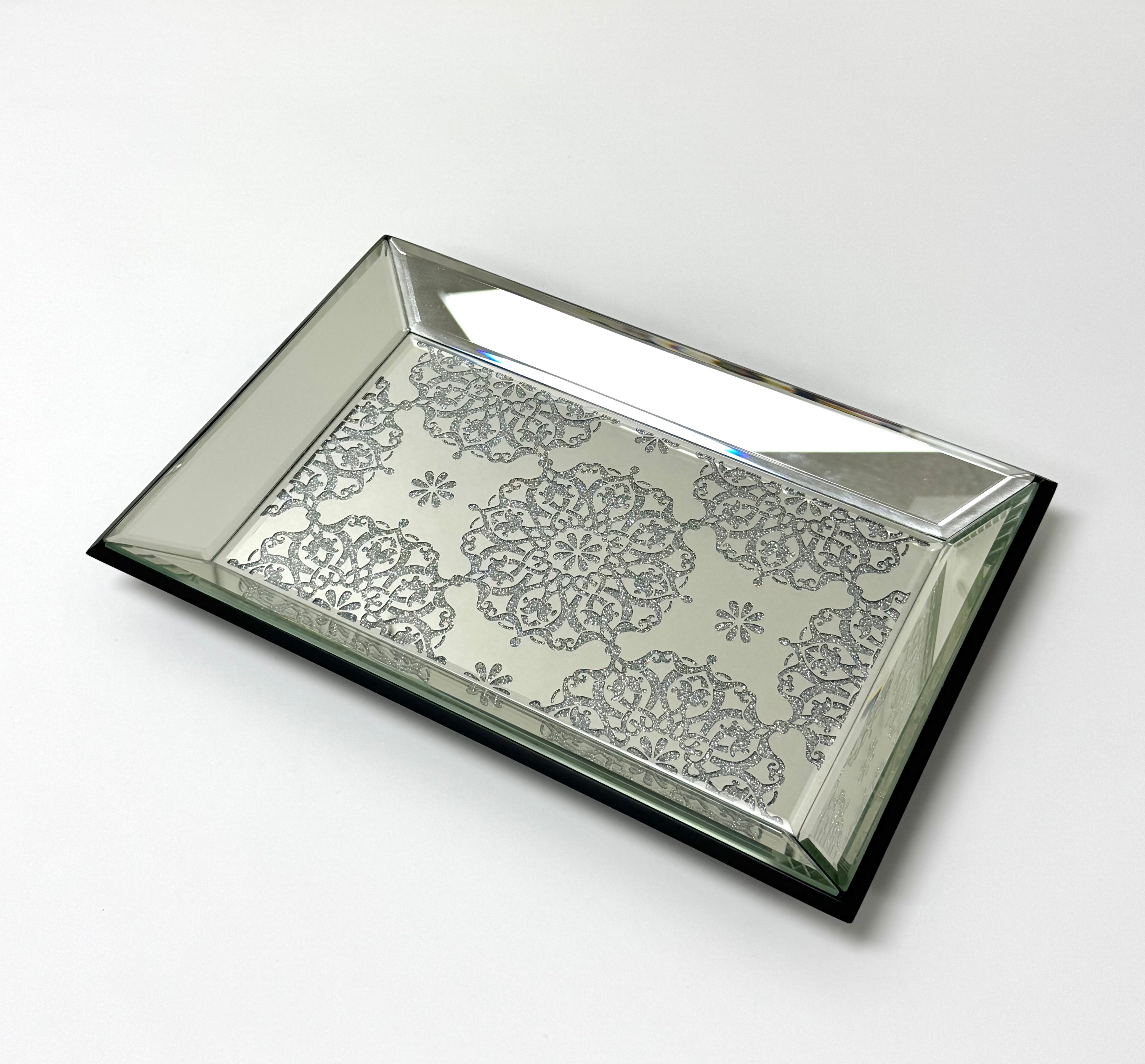 NEW Glitter Floral Medallion Beveled Mirror Vanity Tray