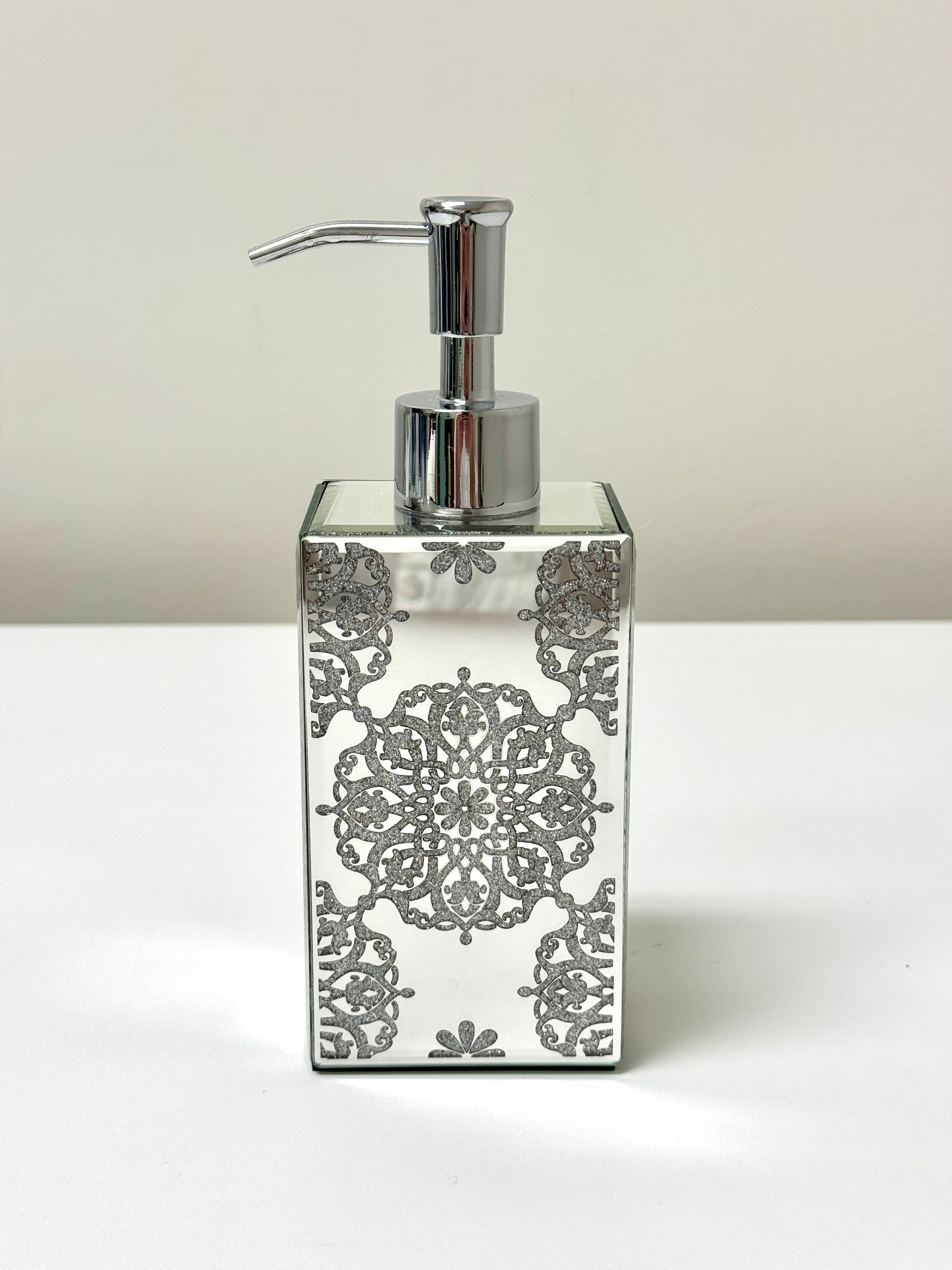 NEW Glitter Floral Medallion Beveled Mirror Soap/Lotion Dispenser