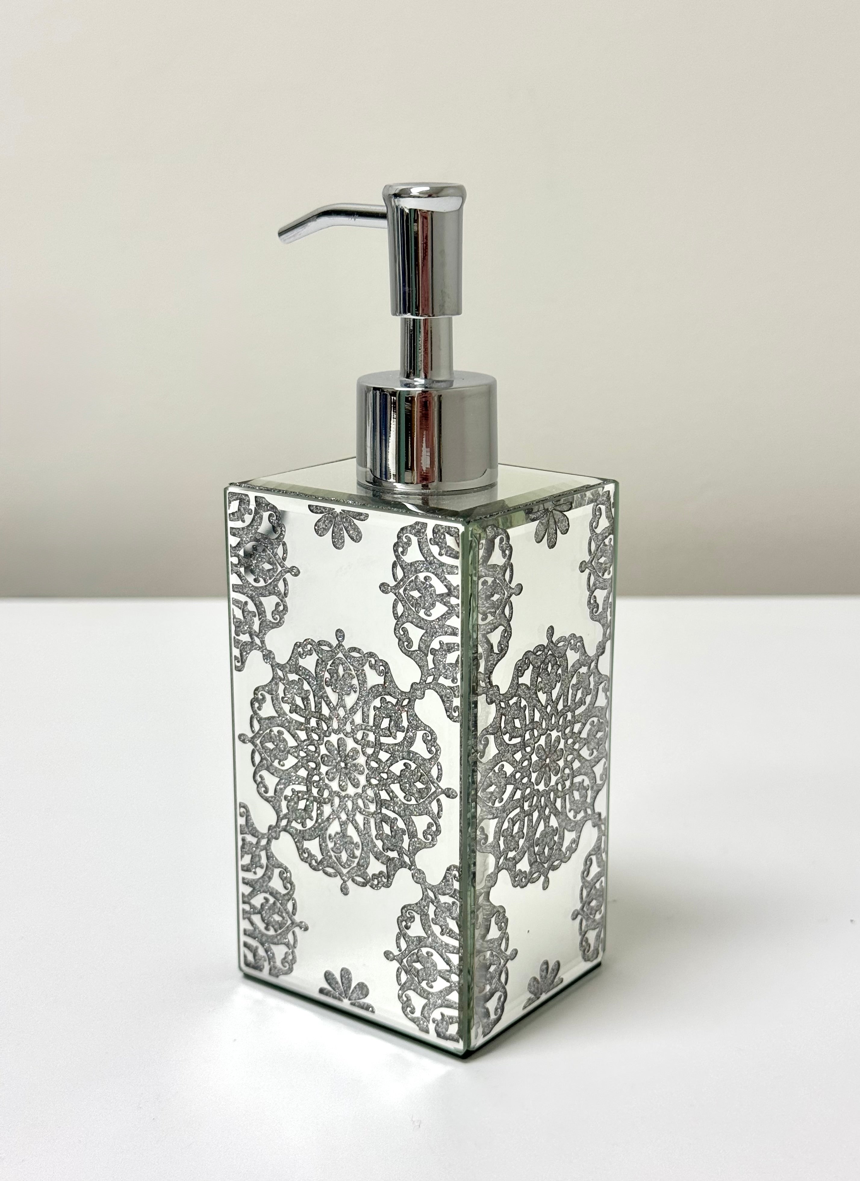 NEW Glitter Floral Medallion Beveled Mirror Soap/Lotion Dispenser