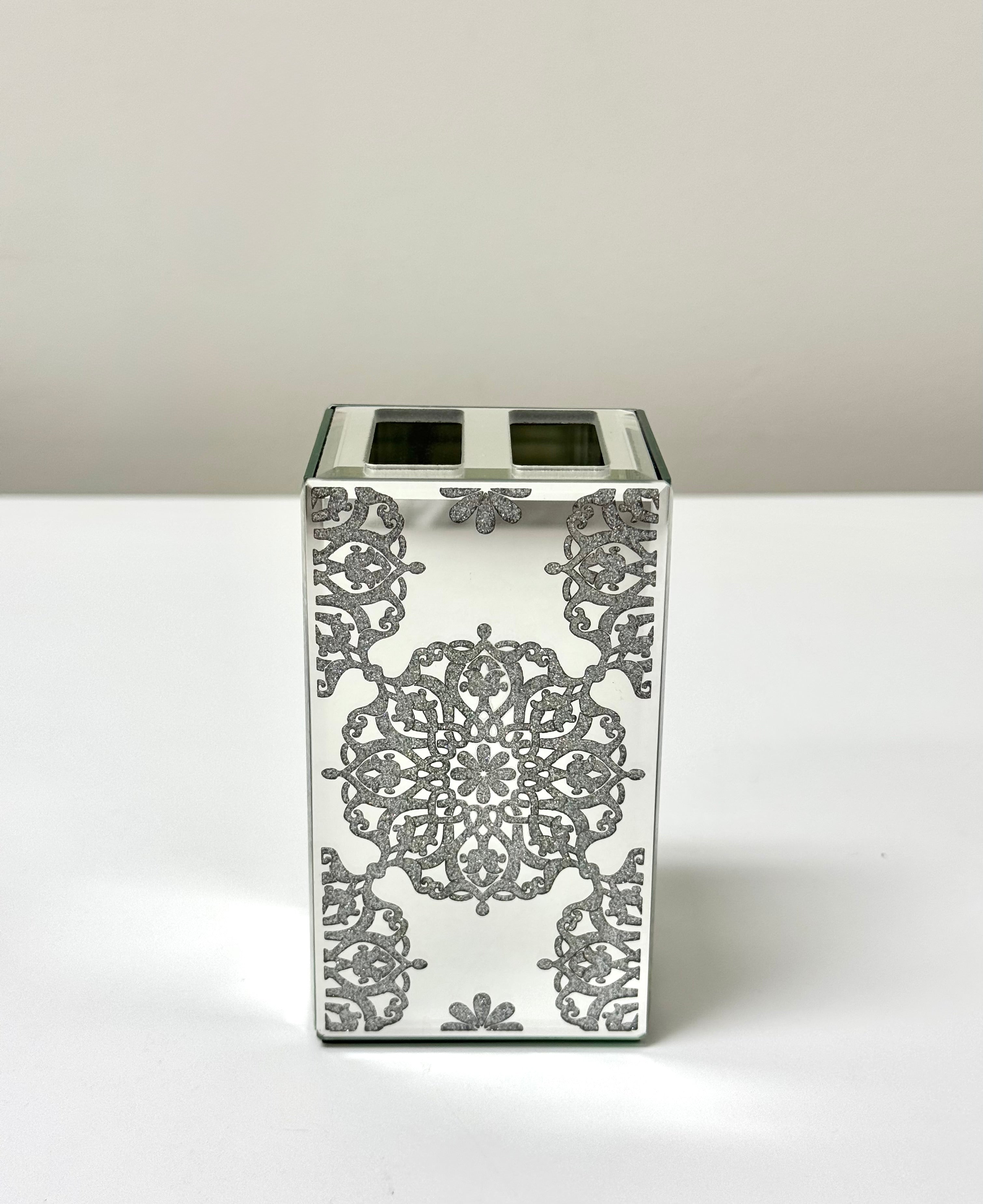 NEW Glitter Floral Medallion Beveled Mirror Brush Holder