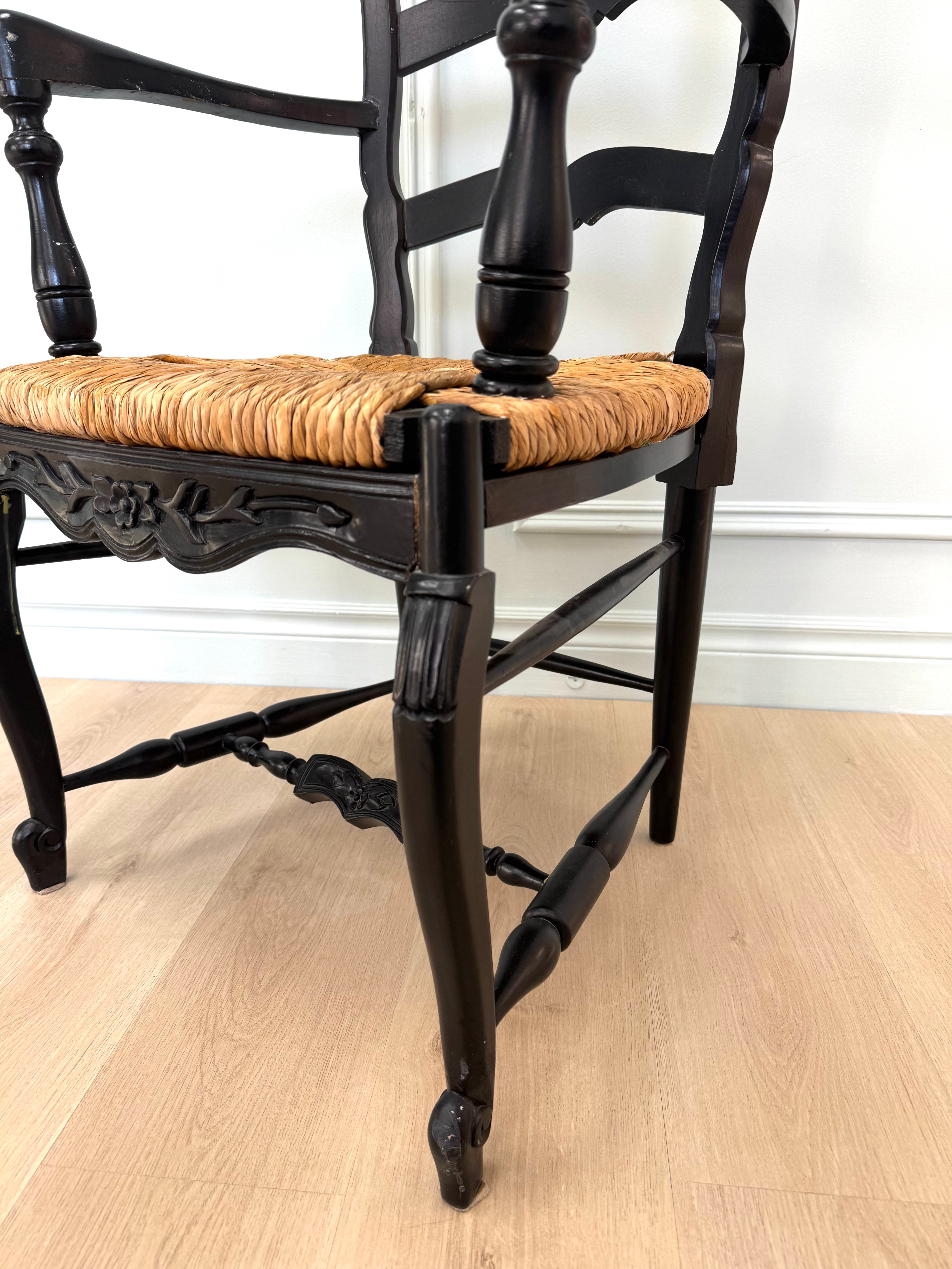 French Country Black Ladderback Chair with Rush Seat