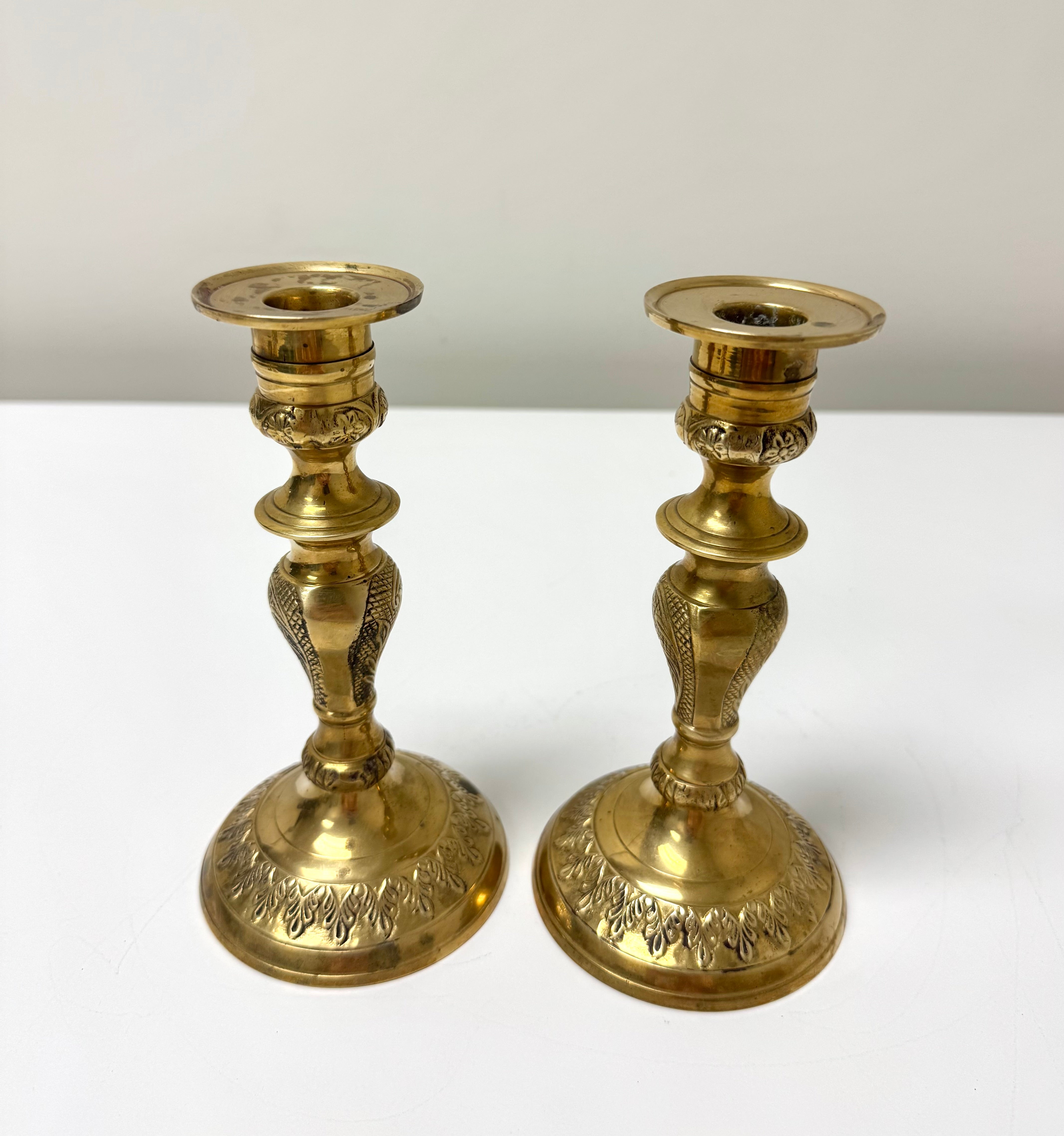 Vintage Aged Brass Embossed Candle Holders Set of 2