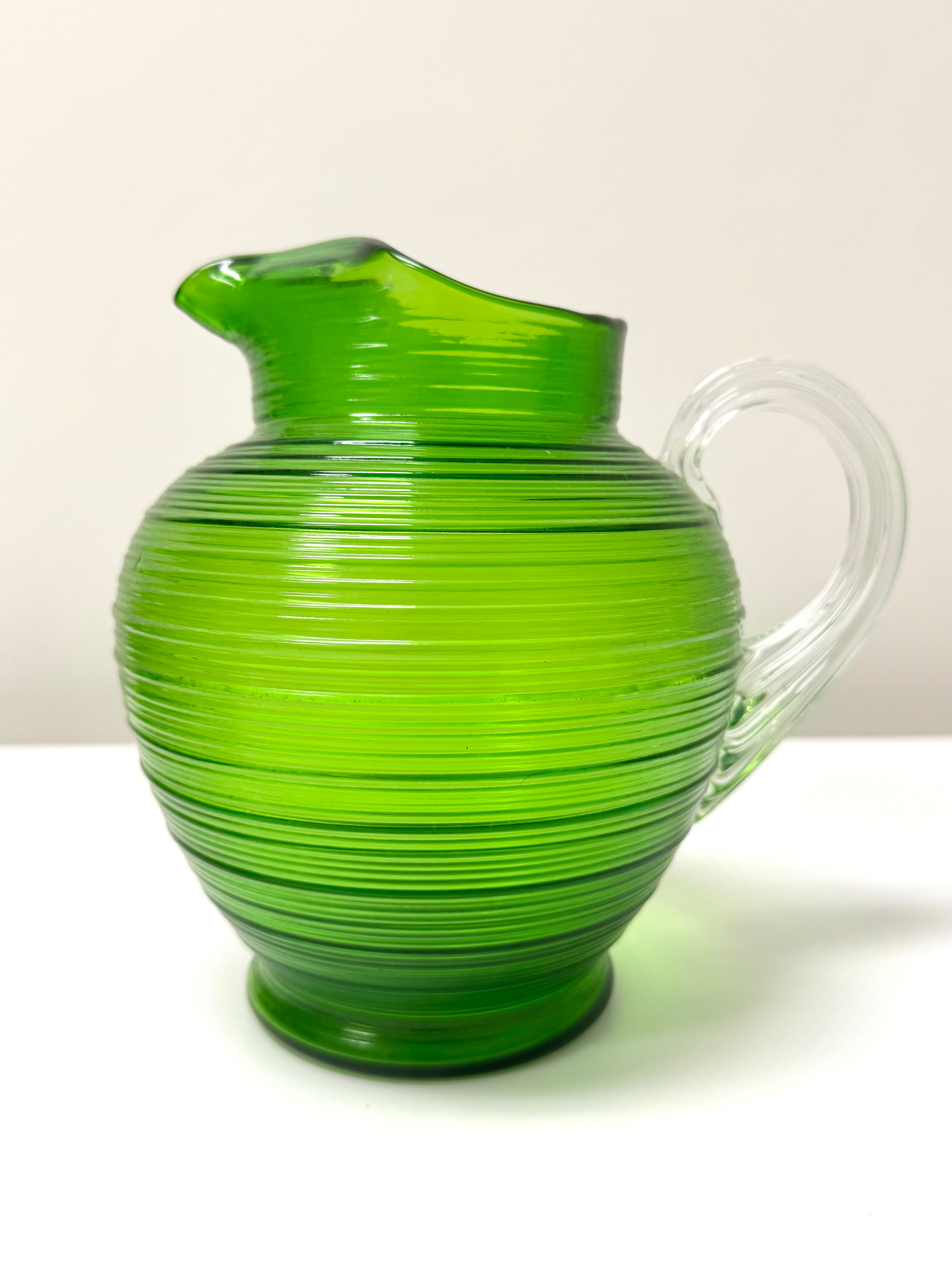 Vintage Emerald Green Ribbed Glass Pitcher & 6 Glasses