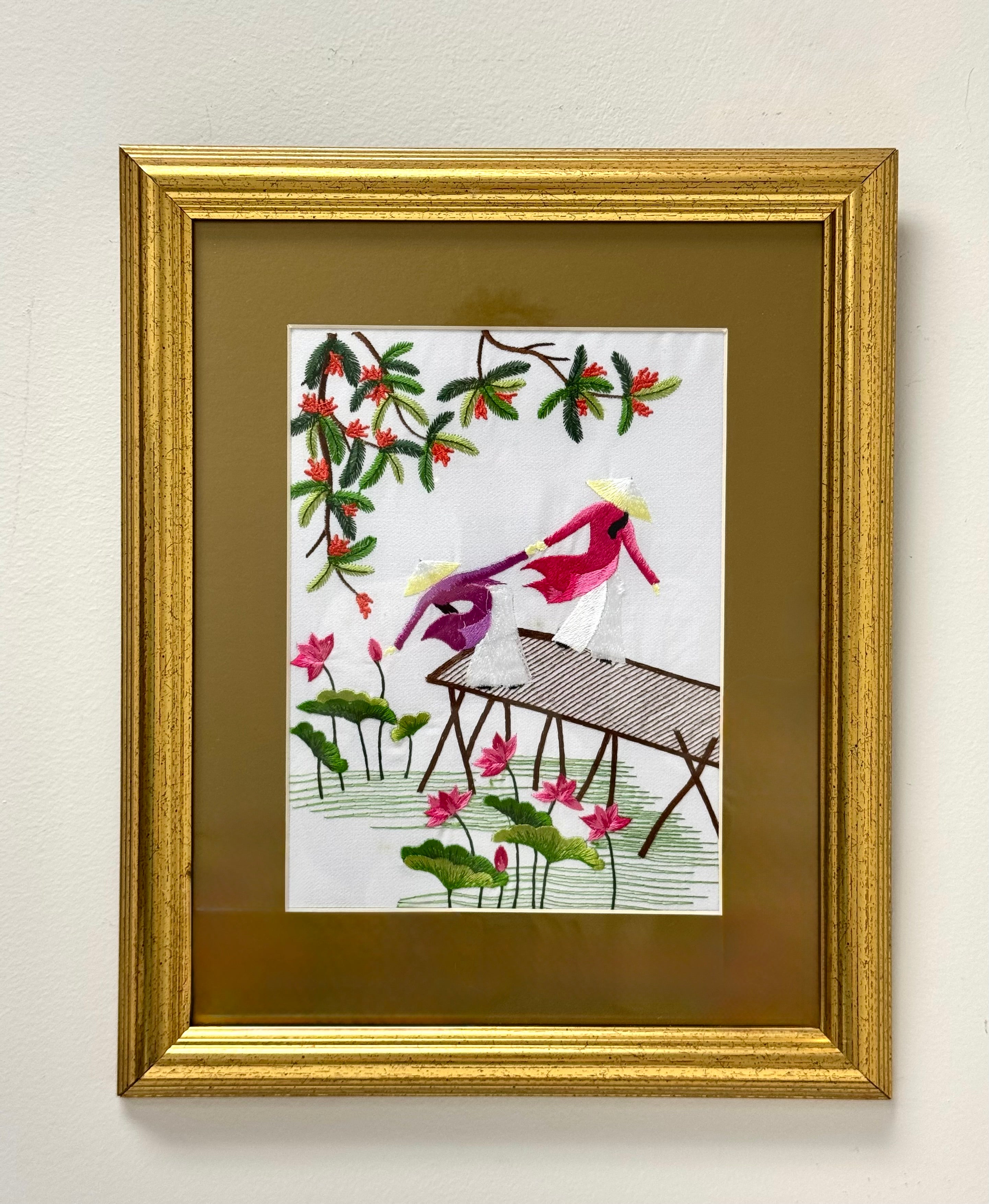Vietnamese Silk Embroidery 'Two Ladies on a Bridge'