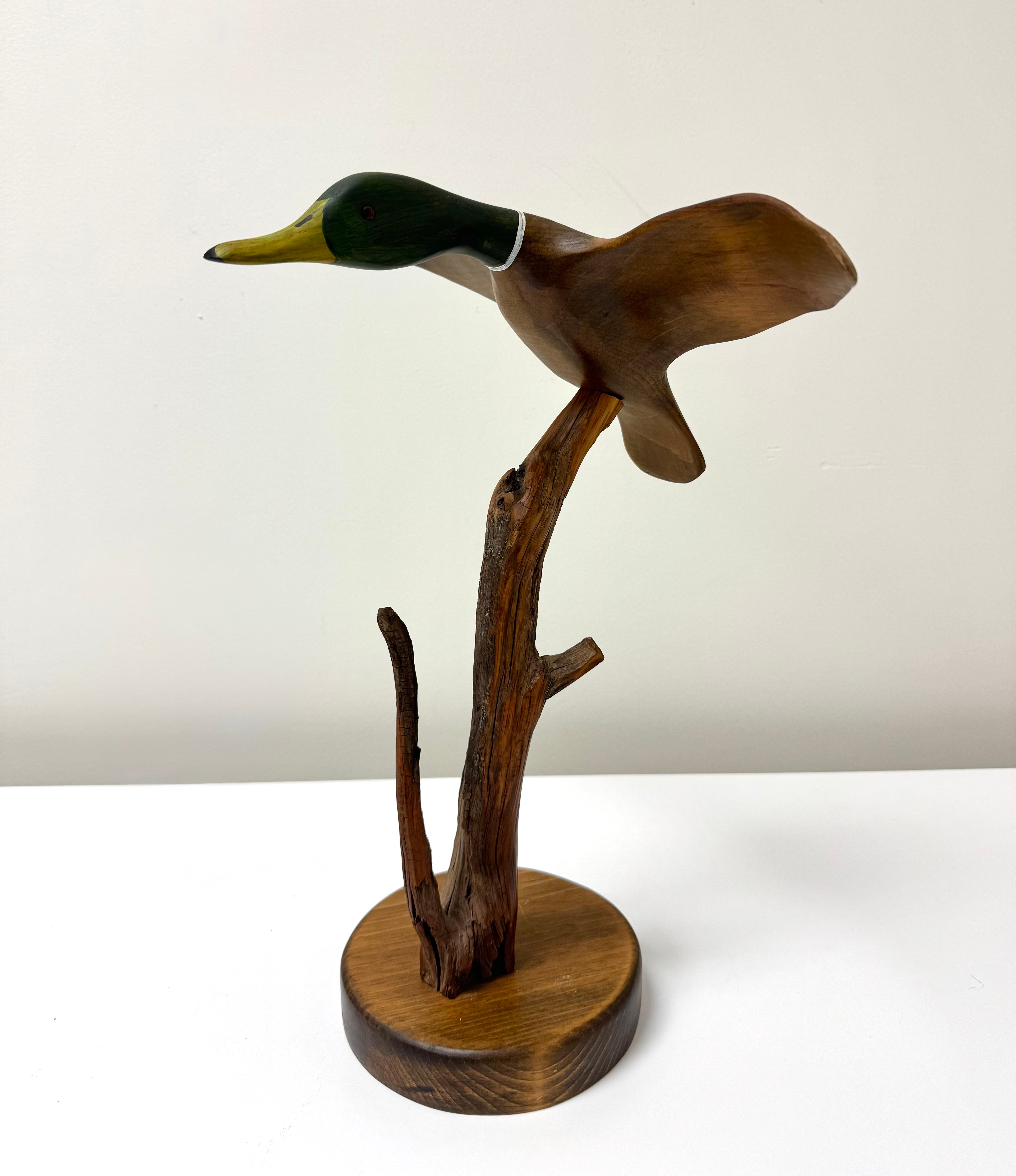 'Mallard in Flight' Hand-carved Wood Sculpture
