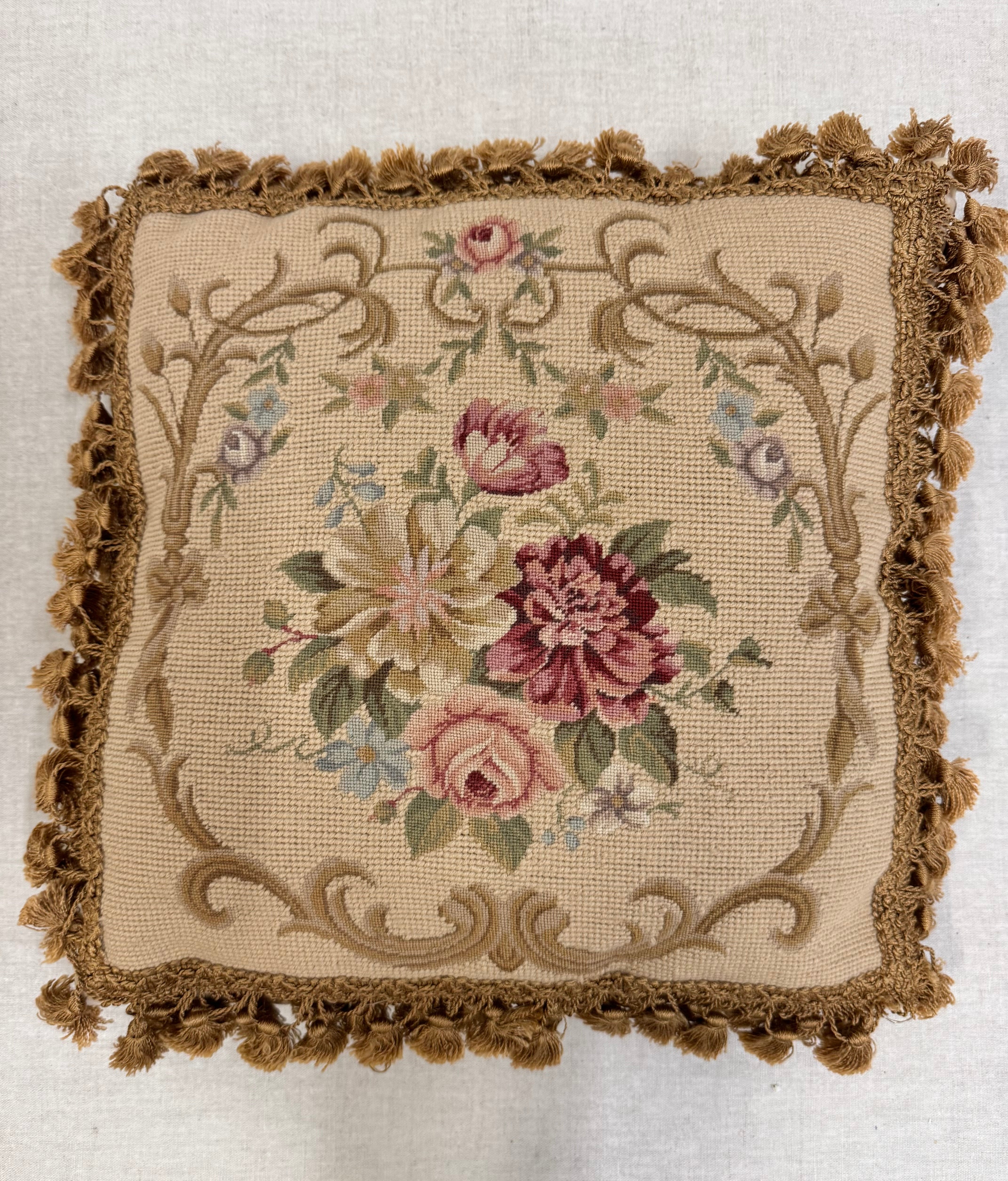 Roses Needlepoint 15" Tasseled Pillow