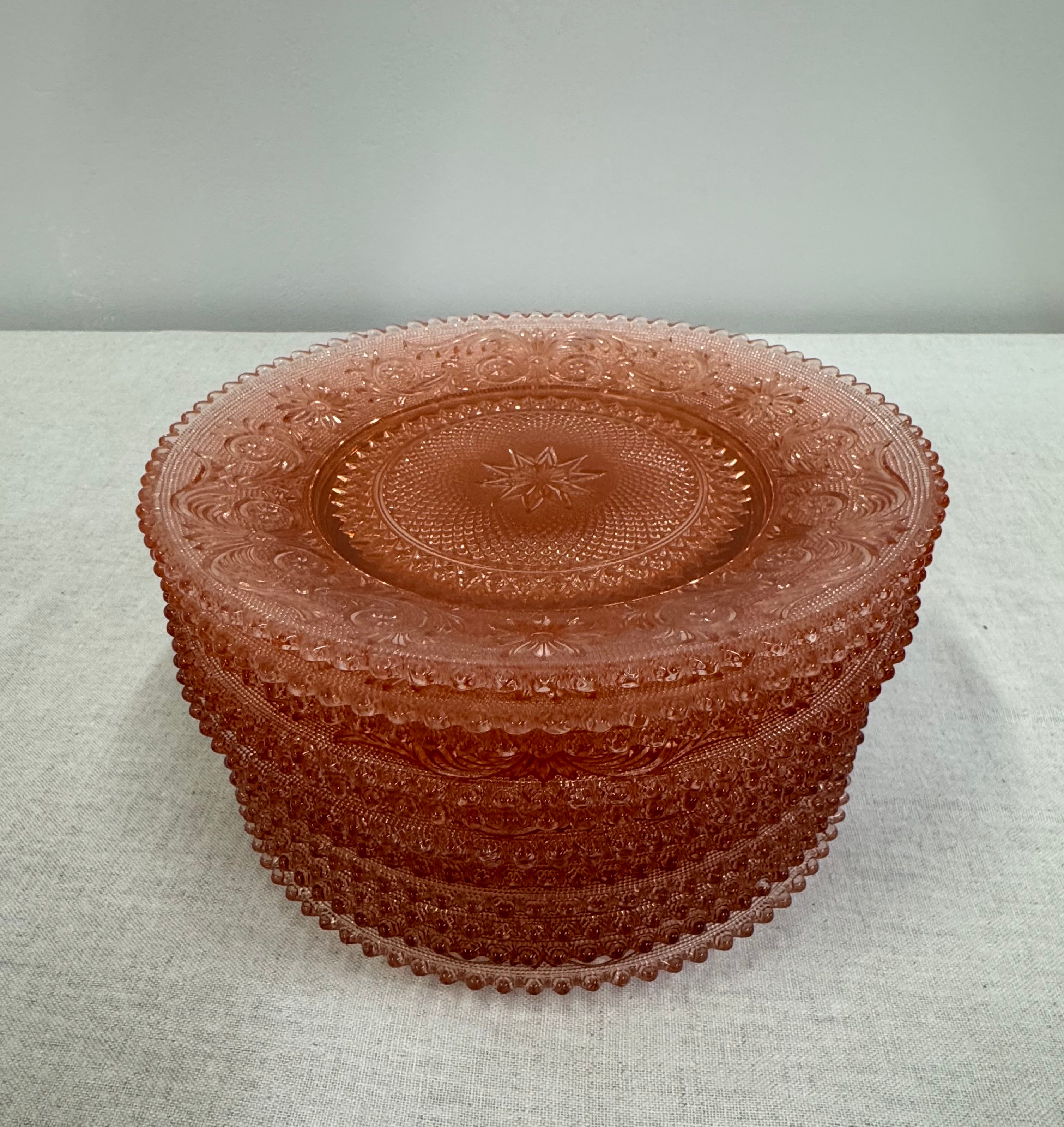 Coral Pink 'Tiara' 8" Glass Plates Set of 12