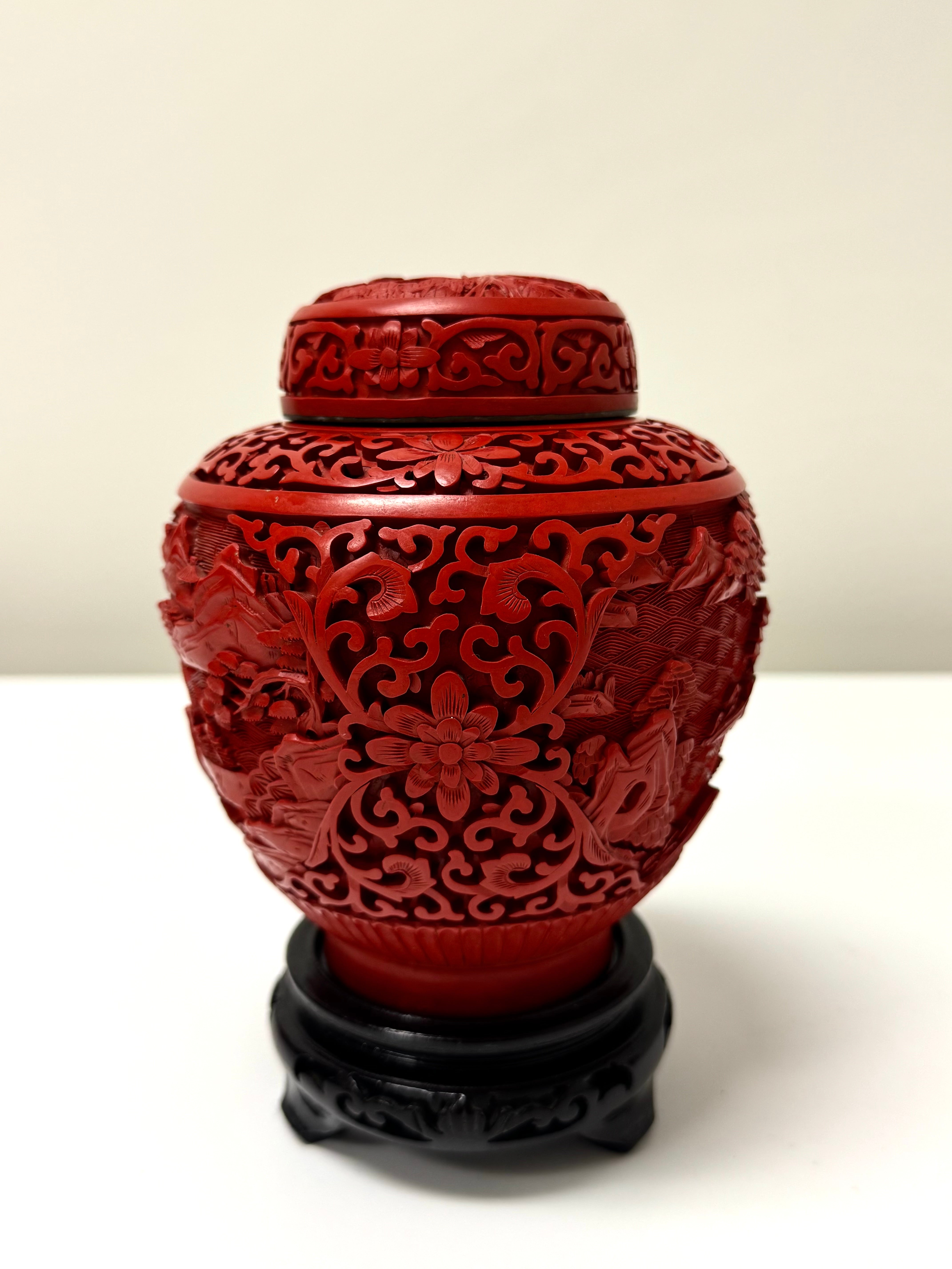 Vintage Chinese Cinnabar 6" Ginger Jar on Carved Wood Base