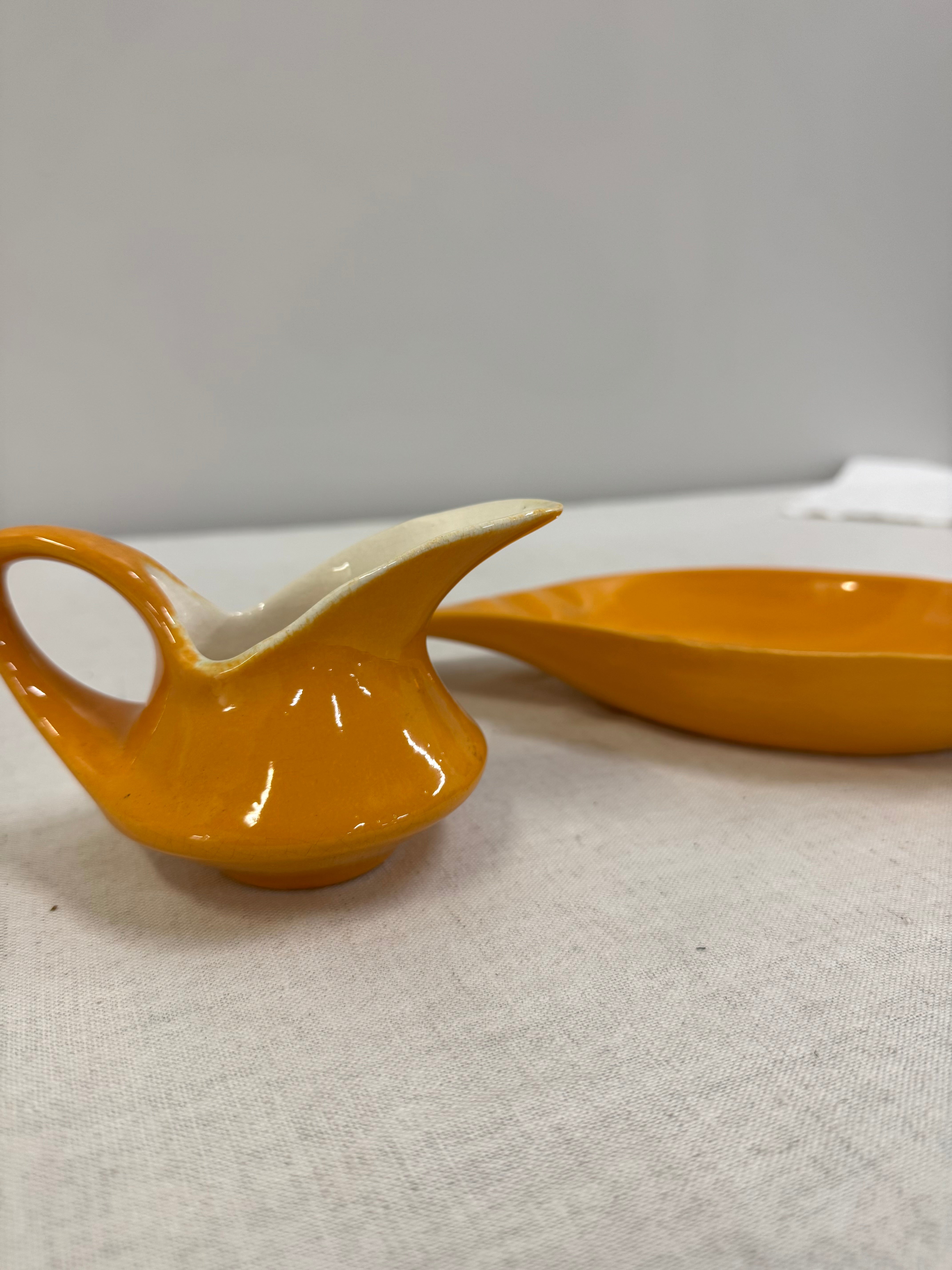 Vintage Orange Hand-painted Small Pitcher & Dish
