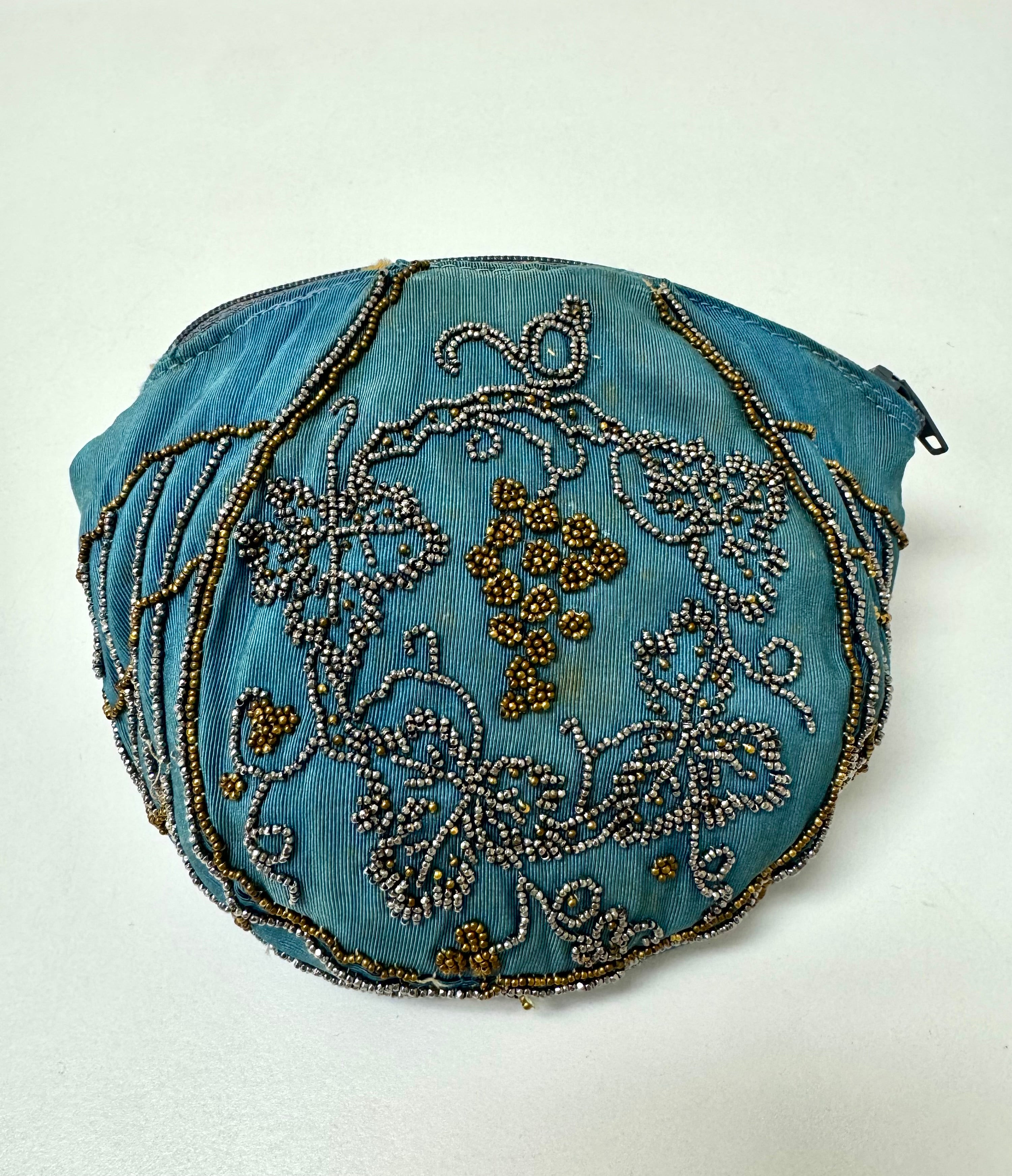 Vintage Blue Silk Beaded Pouch