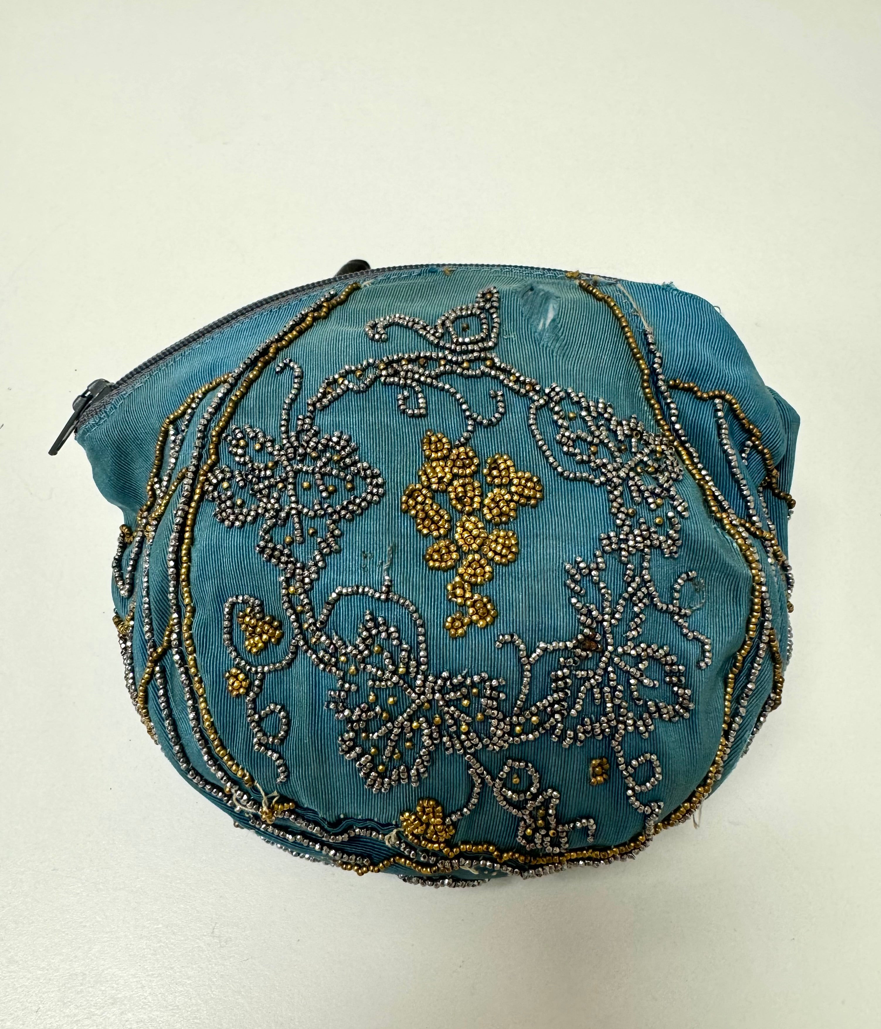 Vintage Blue Silk Beaded Pouch