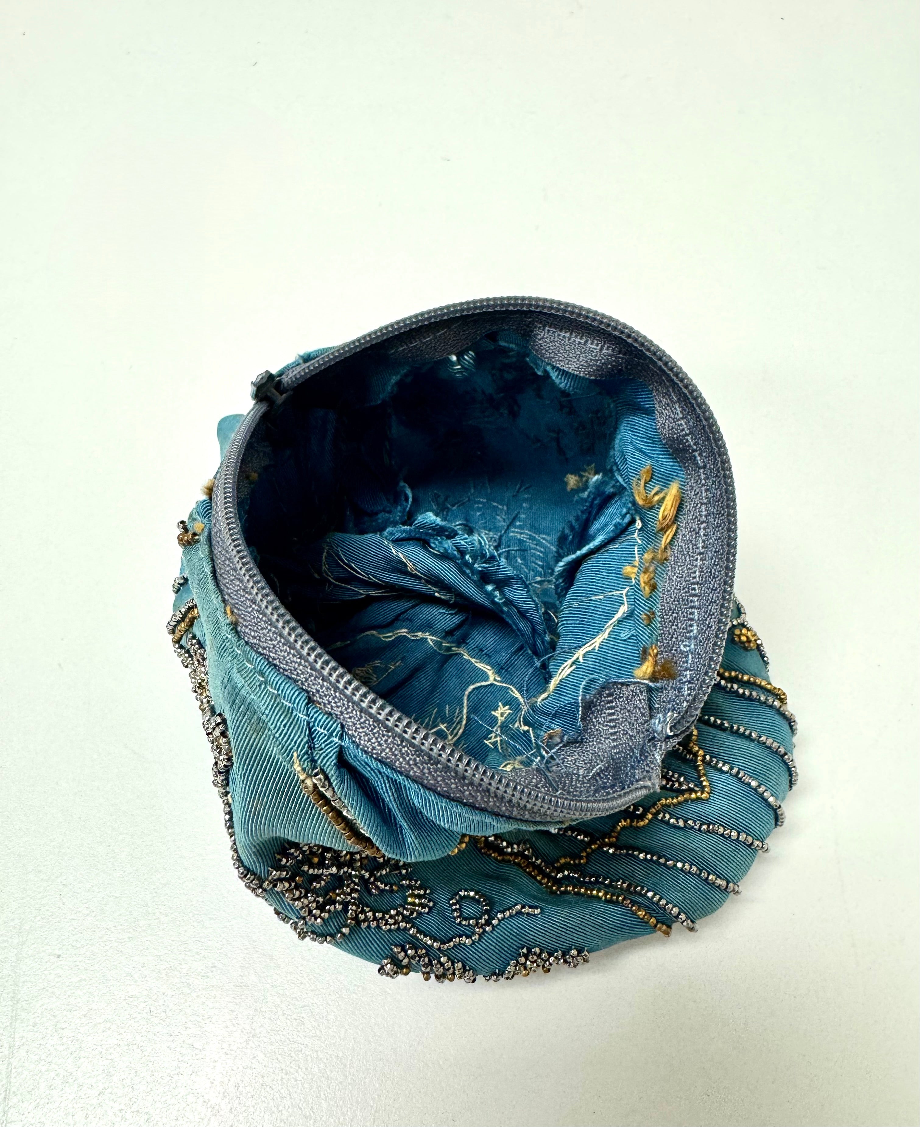 Vintage Blue Silk Beaded Pouch