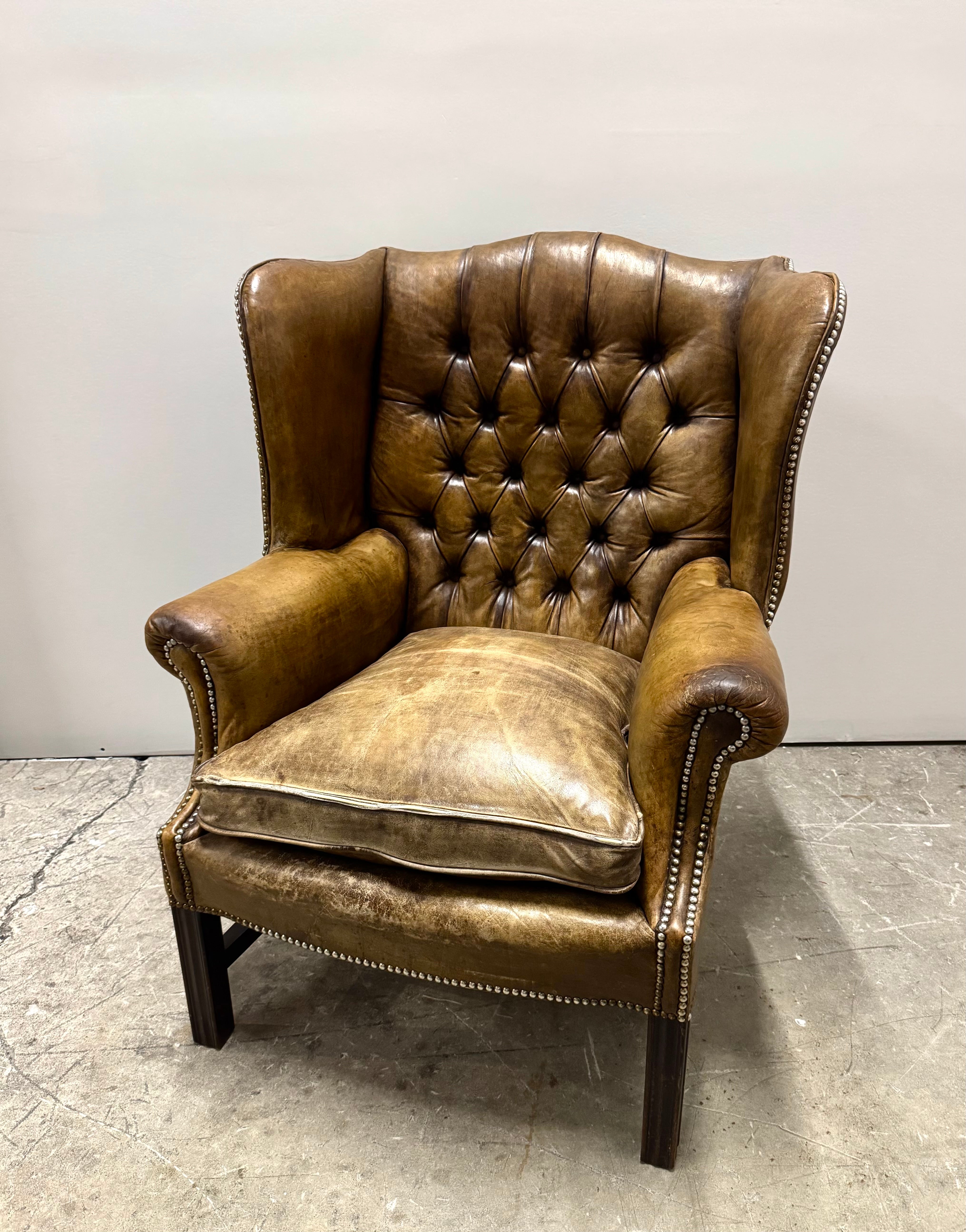 Antique Leather Chesterfield Wing Chair c1800s