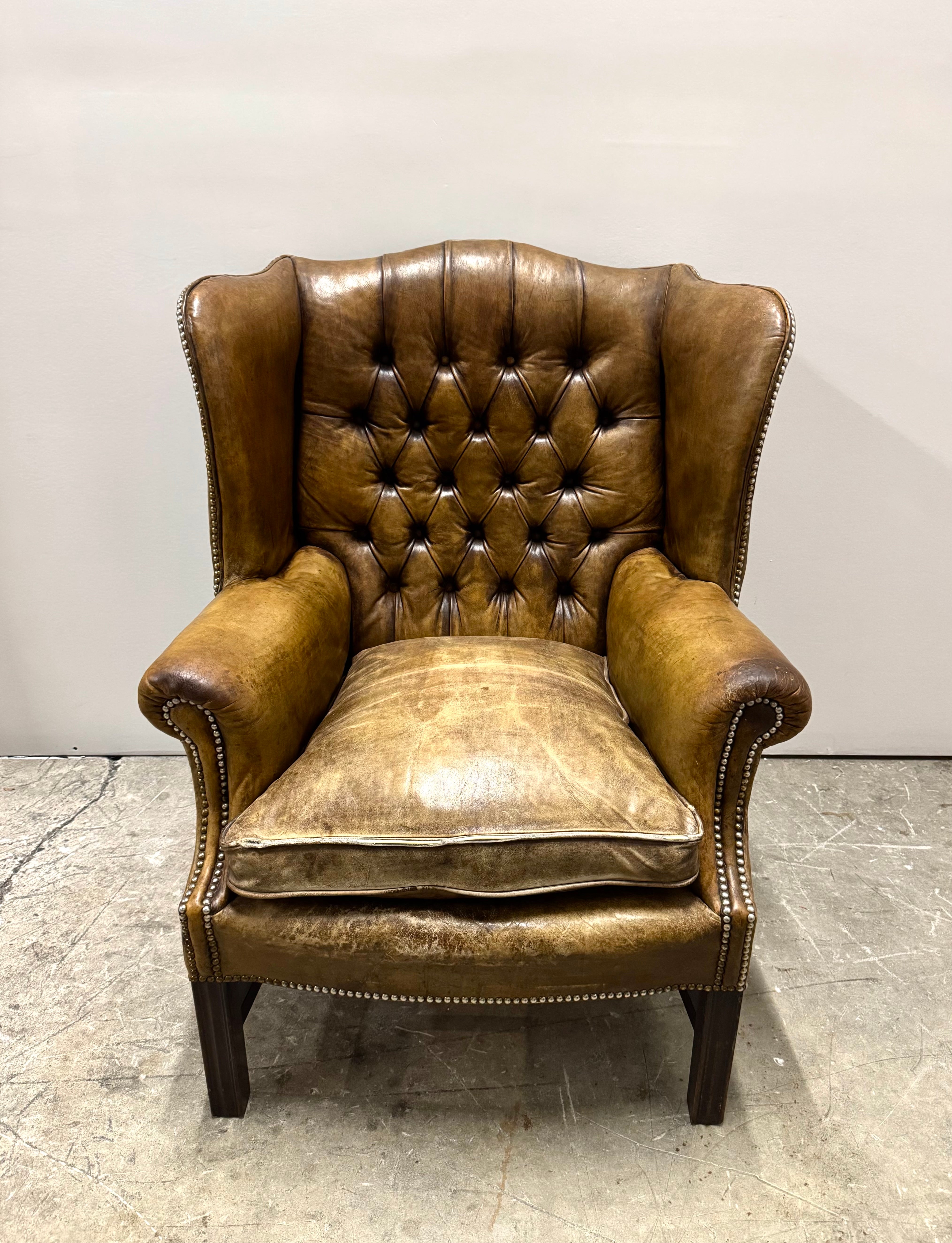 Antique Leather Chesterfield Wing Chair c1800s