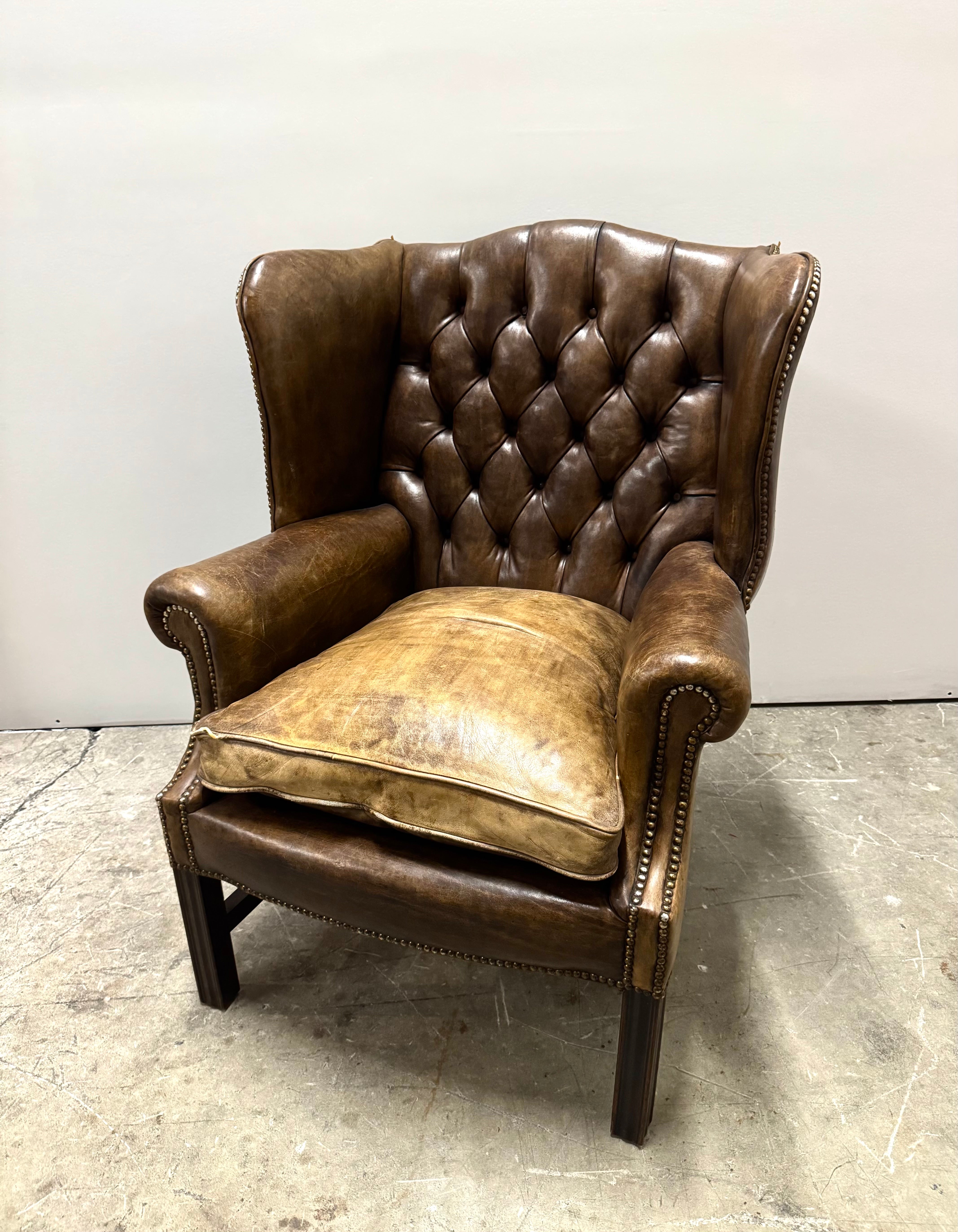 Antique Leather Chesterfield Wing Chair c1800s