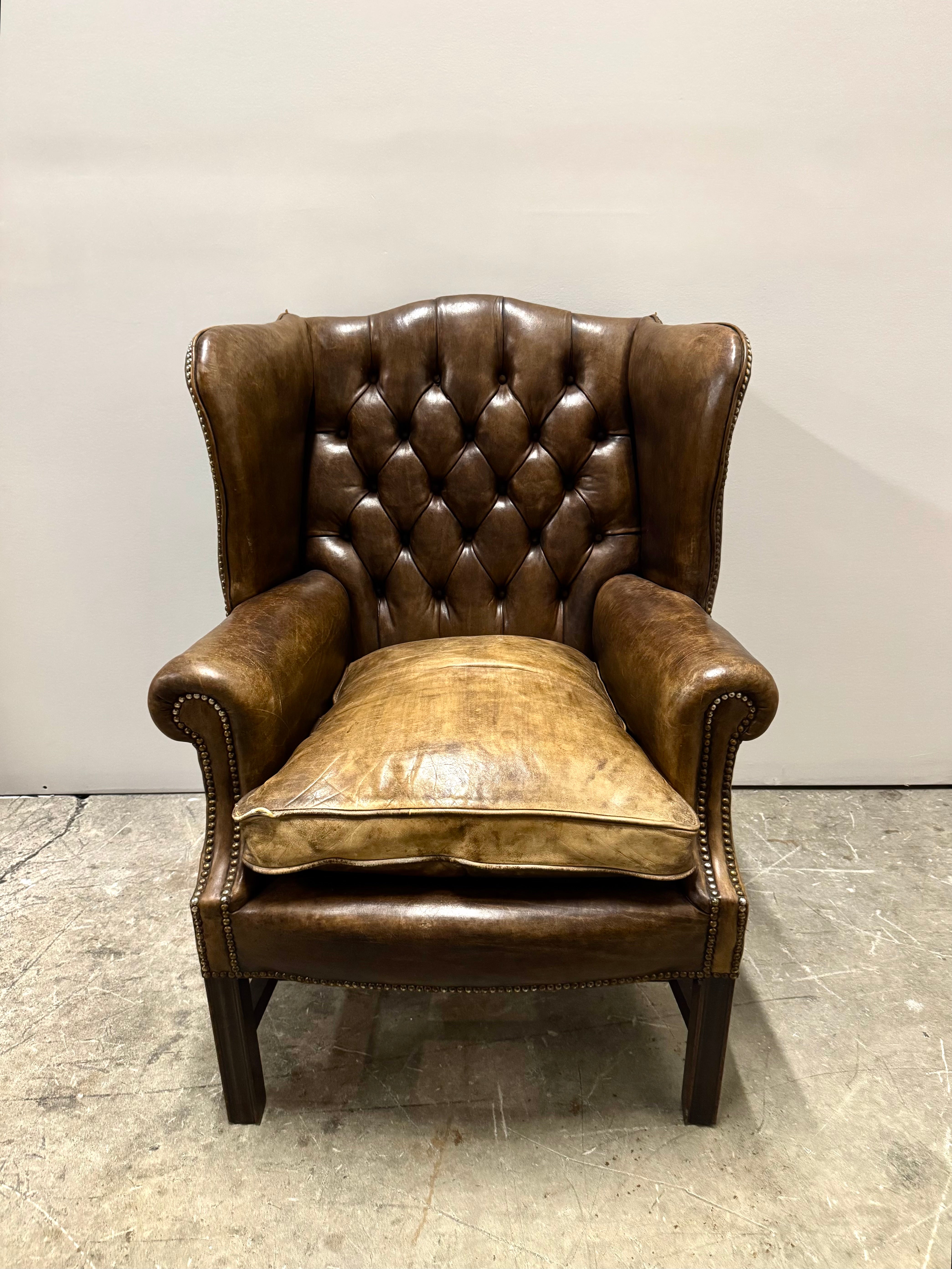 Antique Leather Chesterfield Wing Chair c1800s