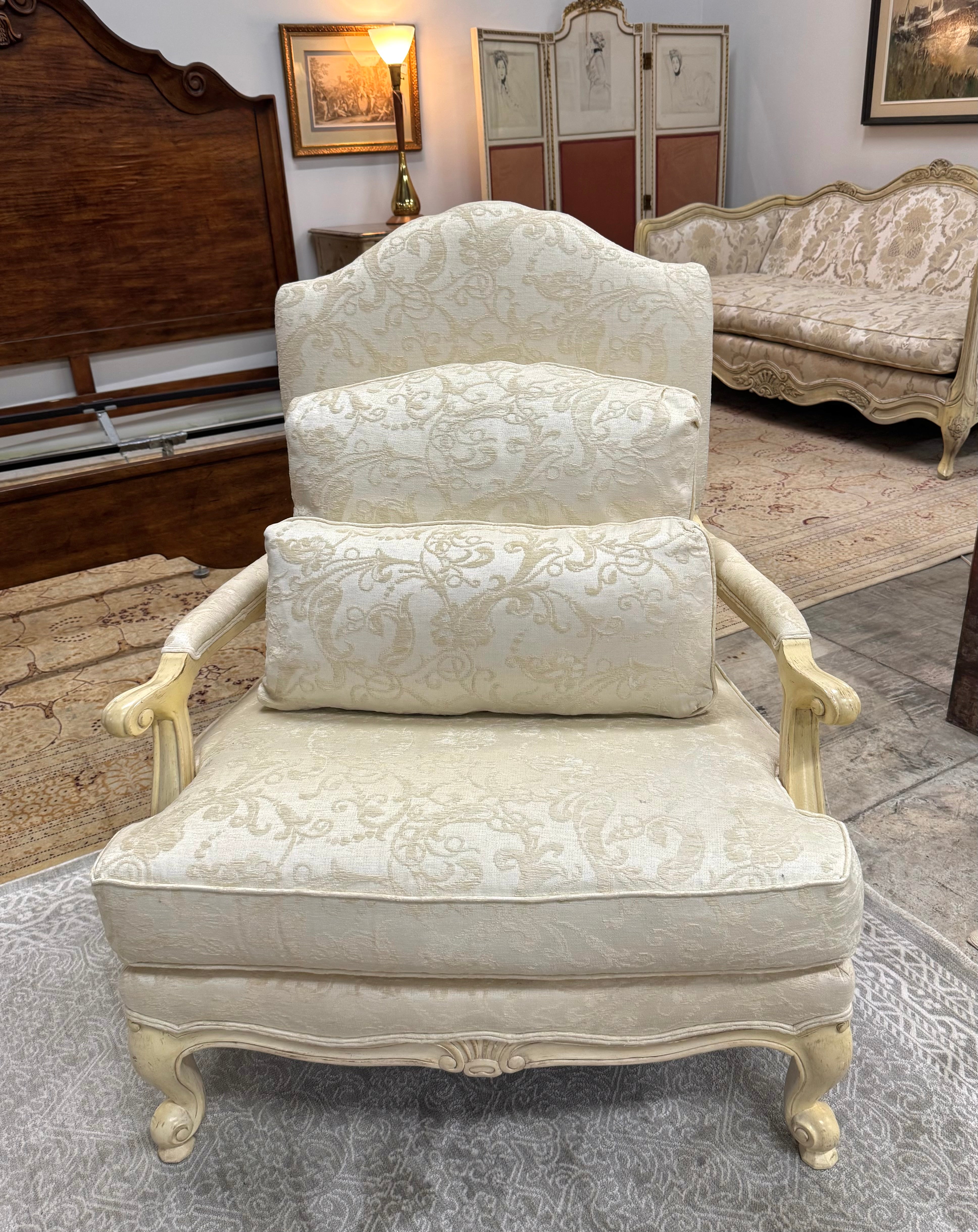 Custom DREXEL HERITAGE Cream Damask Bergere Chair