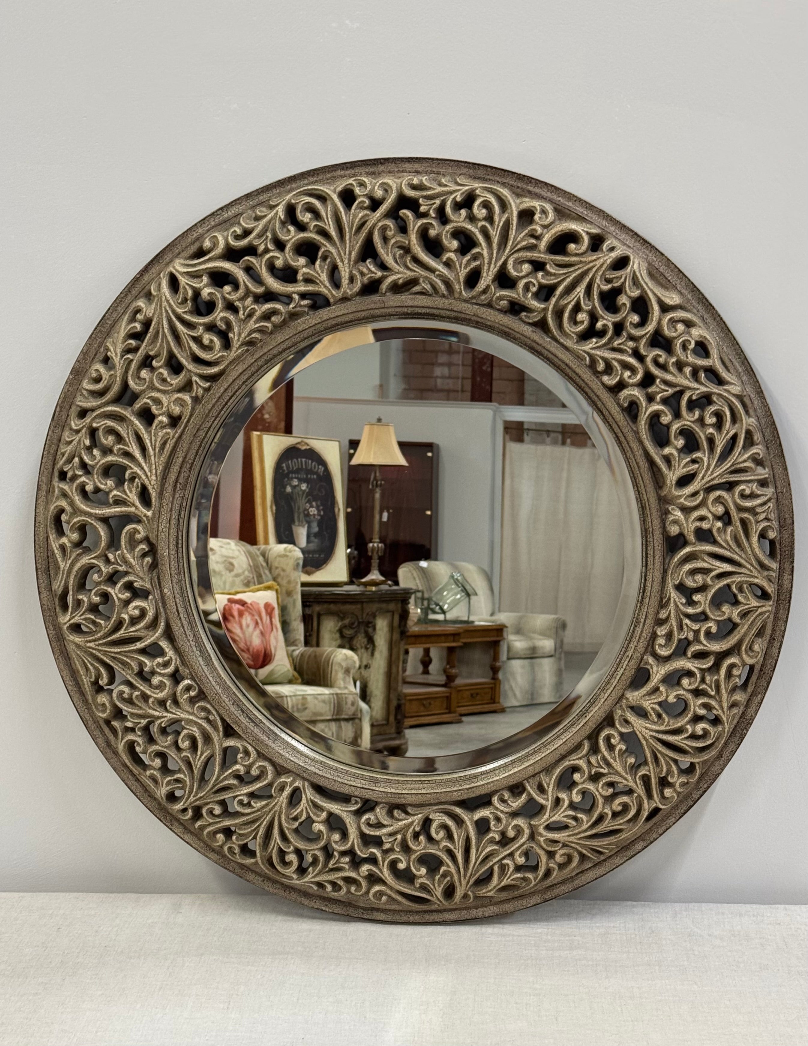 Antiqued Gray Carved Round Mirror