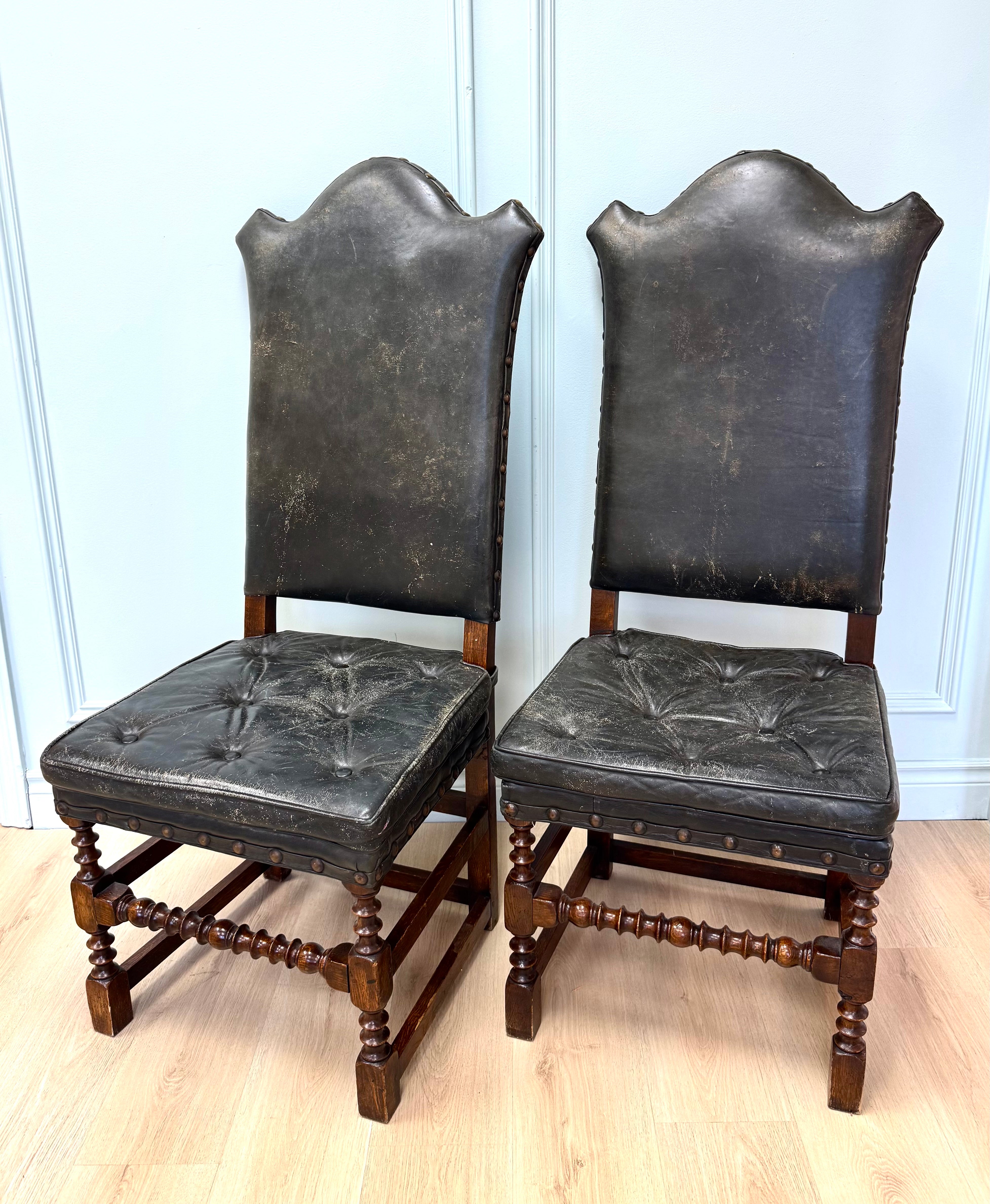 Antique 19thC Spanish High-back Chairs Set of 2
