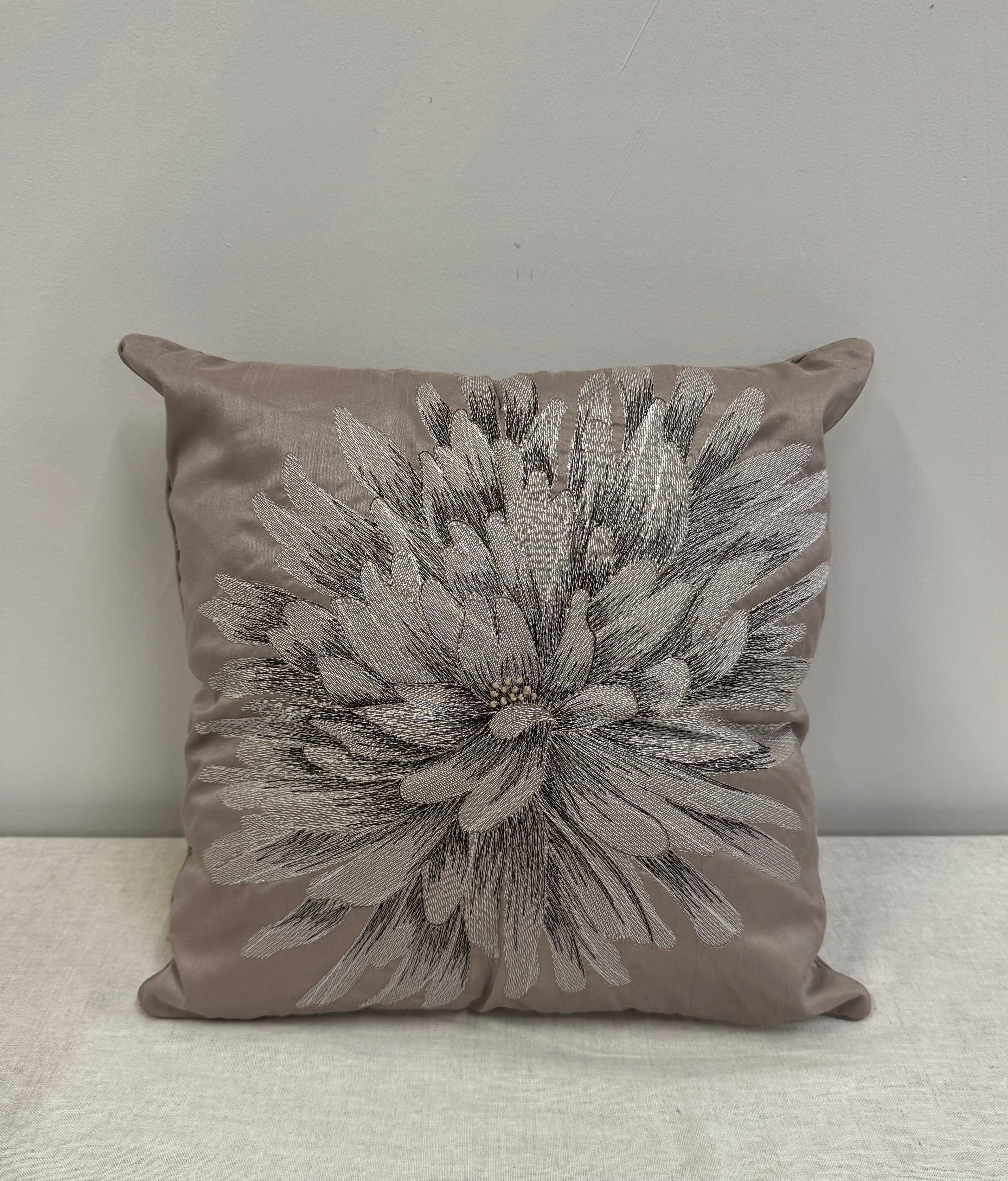 Taupe Embroidered Floral 16" Pillow