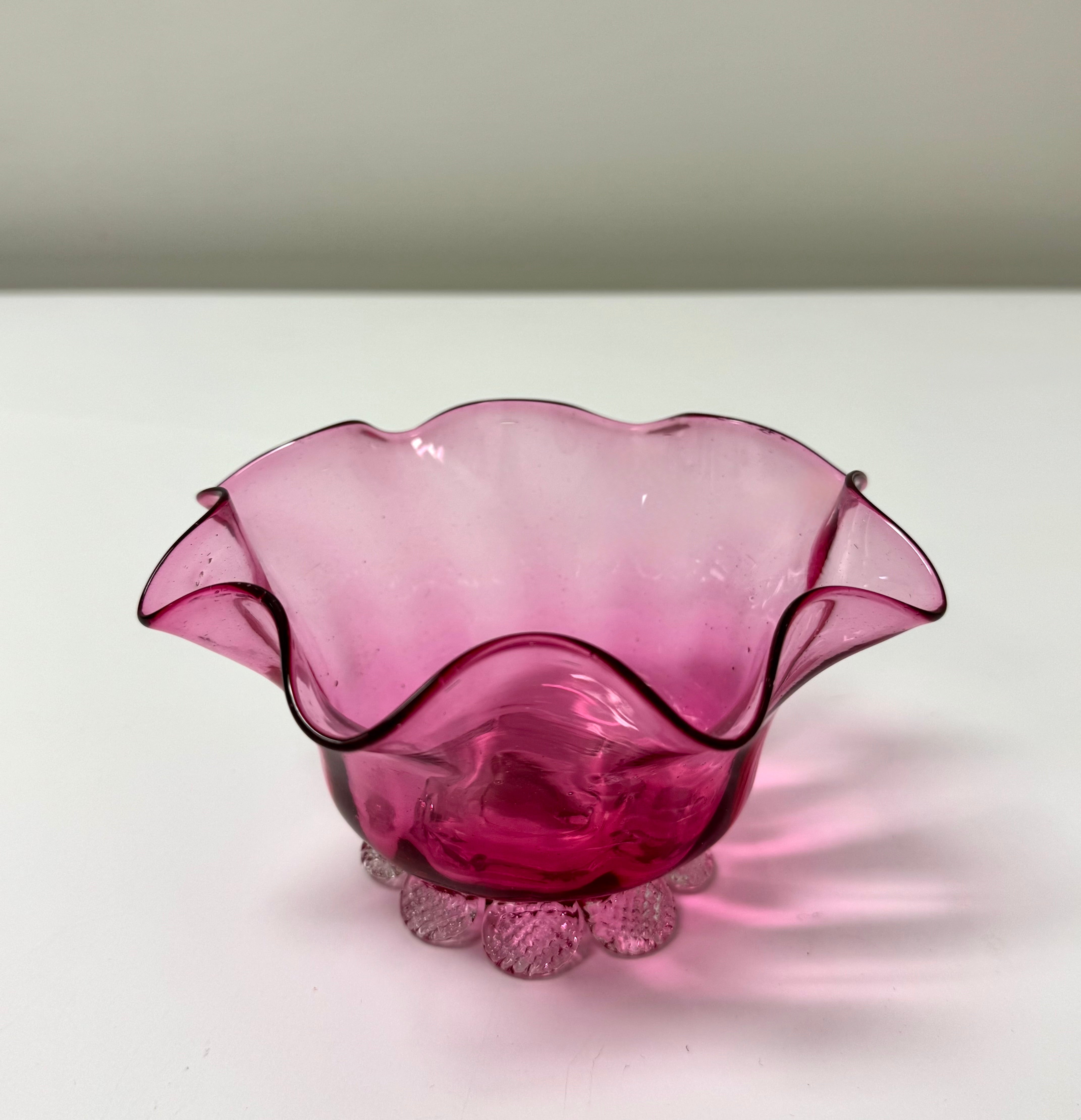 Vintage Cranberry Glass Ruffled Bowl