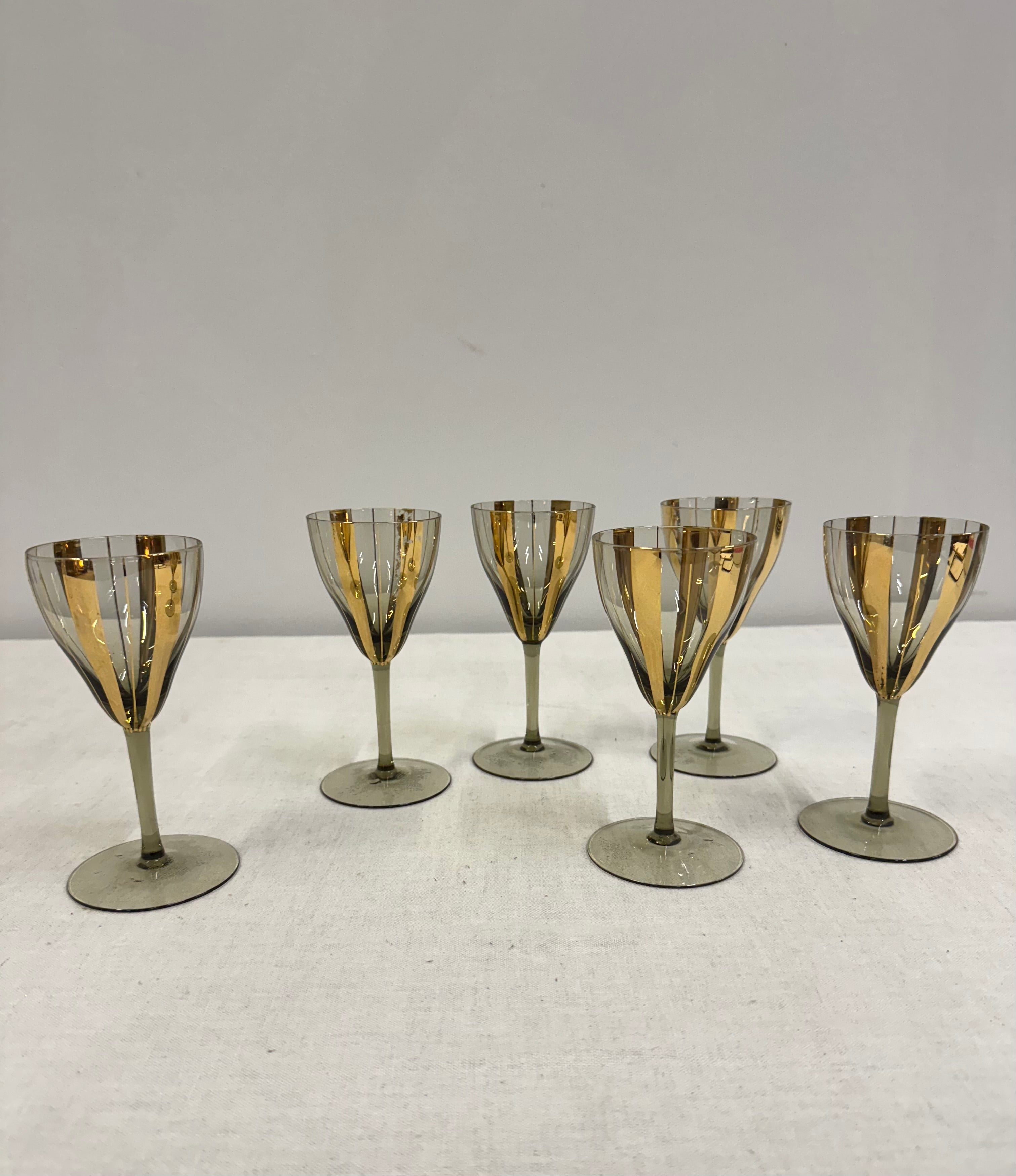 Vintage MCM Gold Stripe Wine Glasses Set of 6