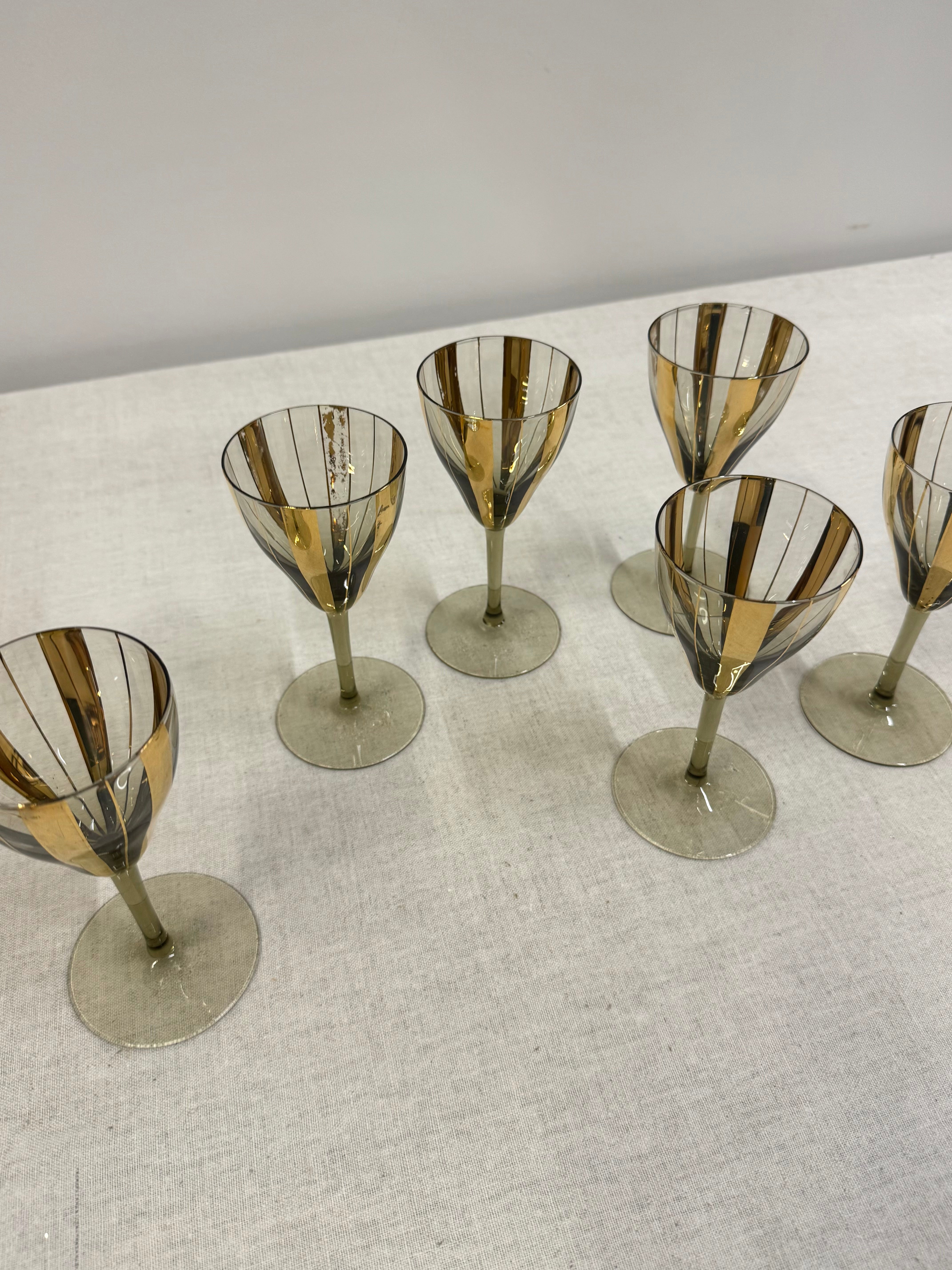 Vintage MCM Gold Stripe Wine Glasses Set of 6
