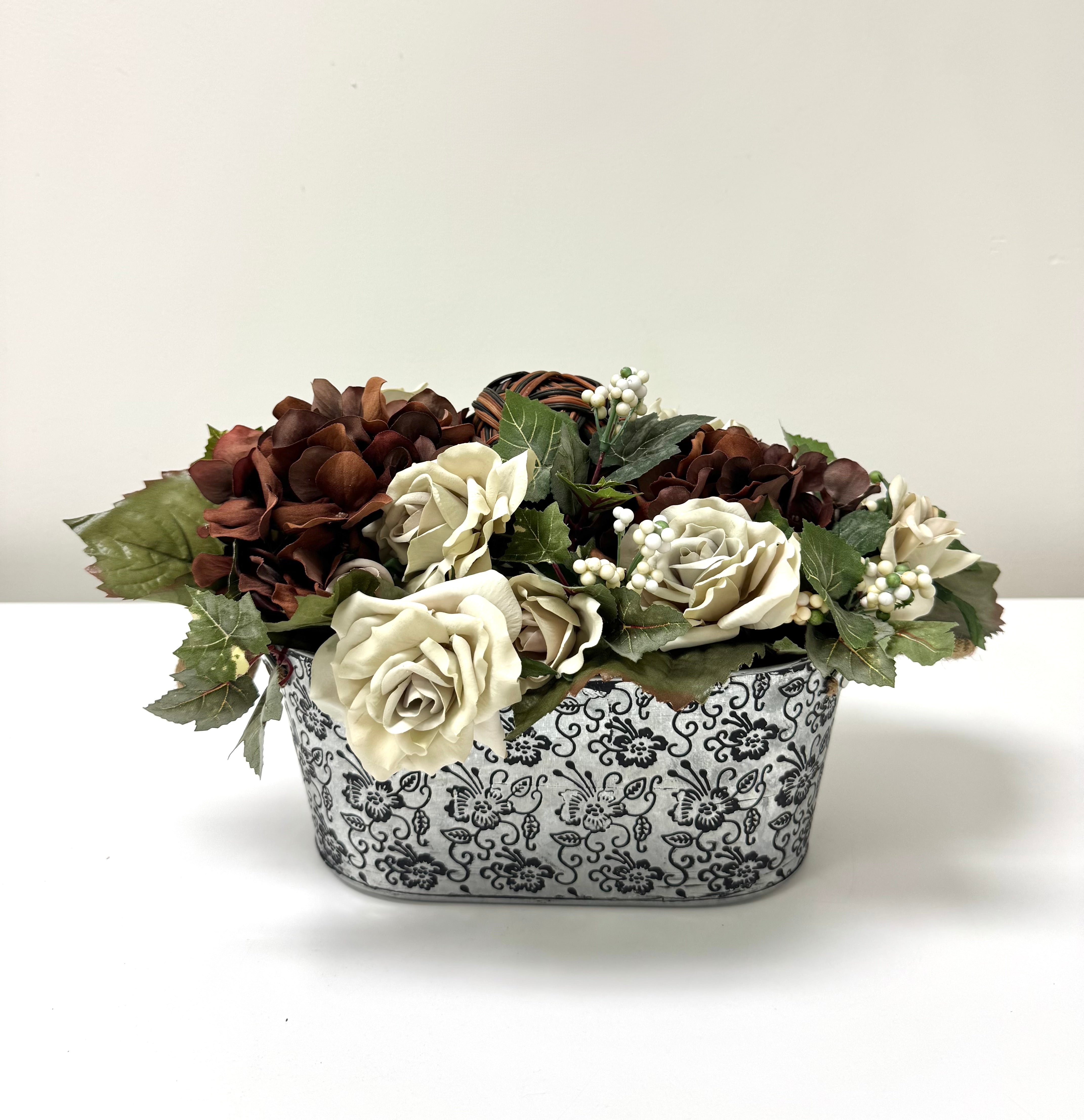 NEW Greige Roses & Brown Hydrangeas Floral Arrangement