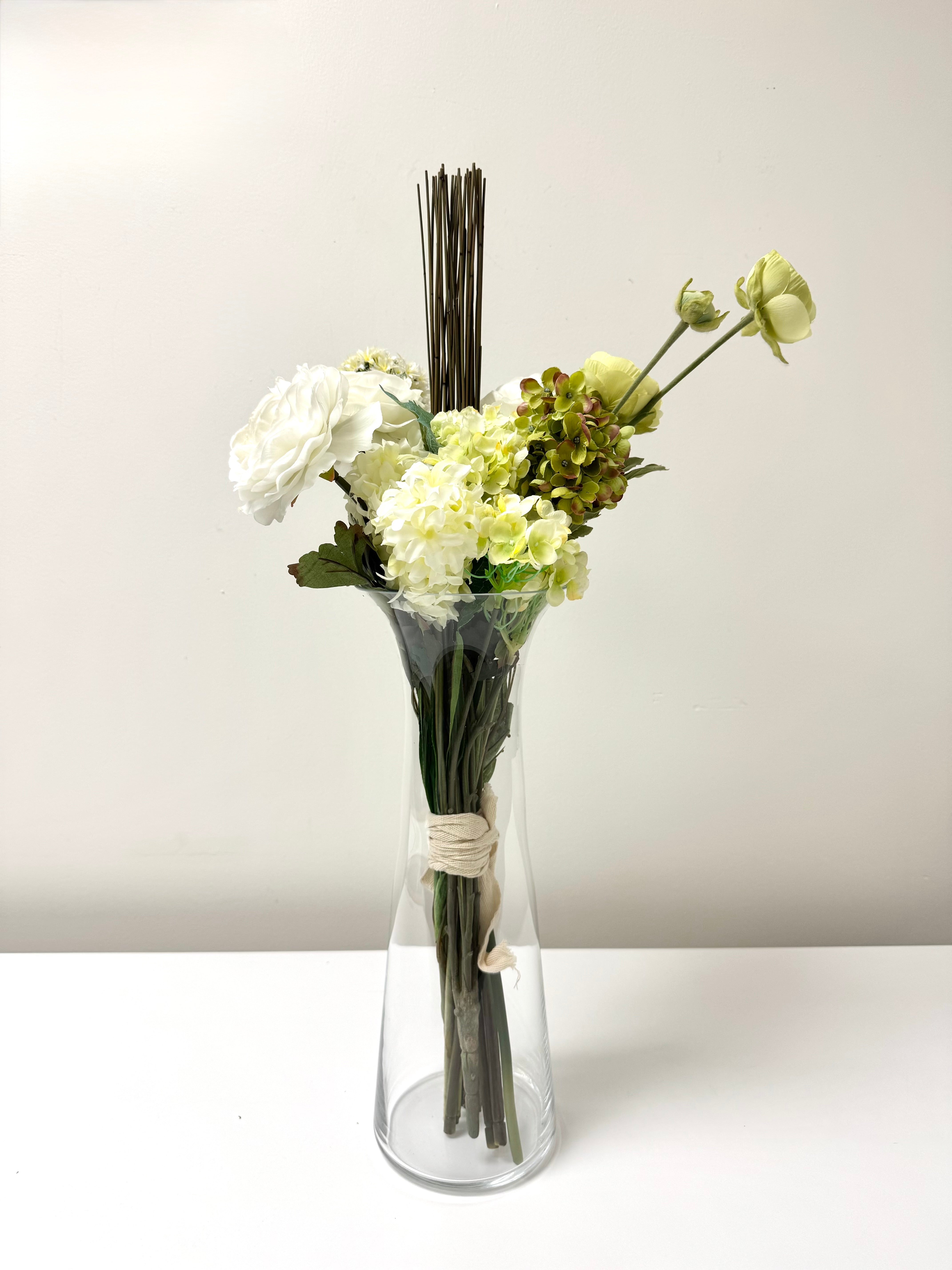 Hydrangeas & Peonies in Glass Tulip Vase