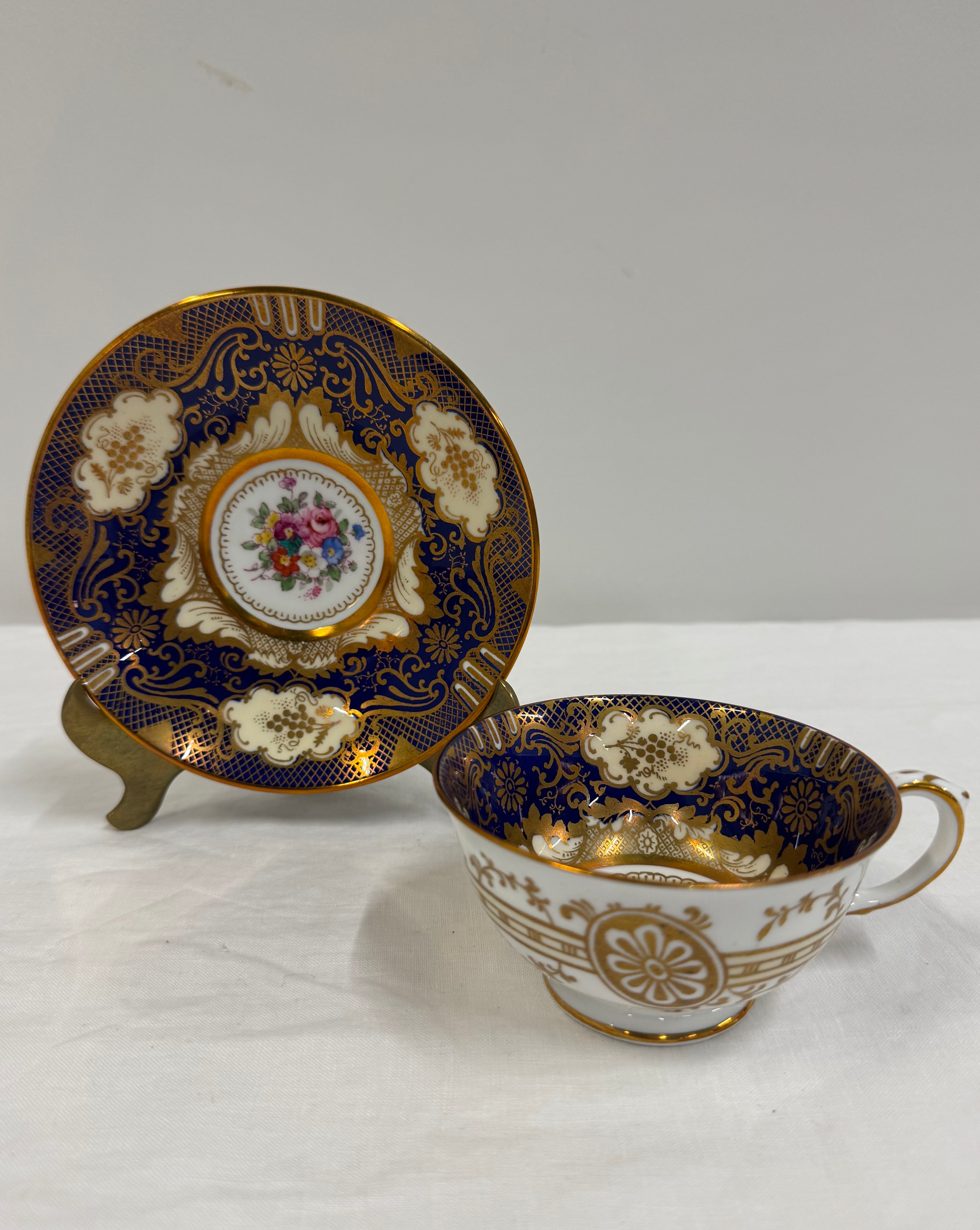 CROWN STAFFORDSHIRE Cobalt Filigree Cup & Saucer