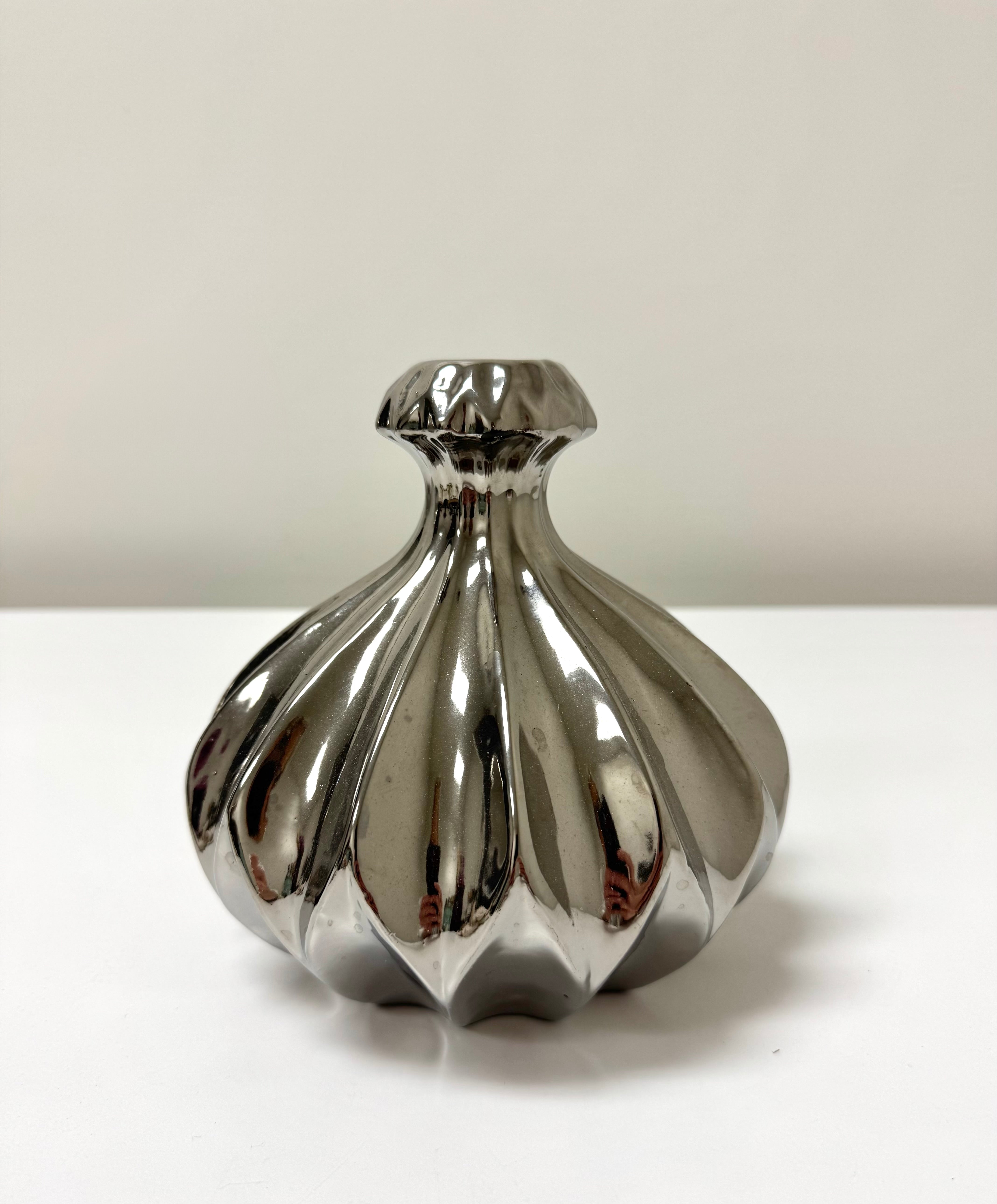 Silver Rippled Silver Ceramic Vase