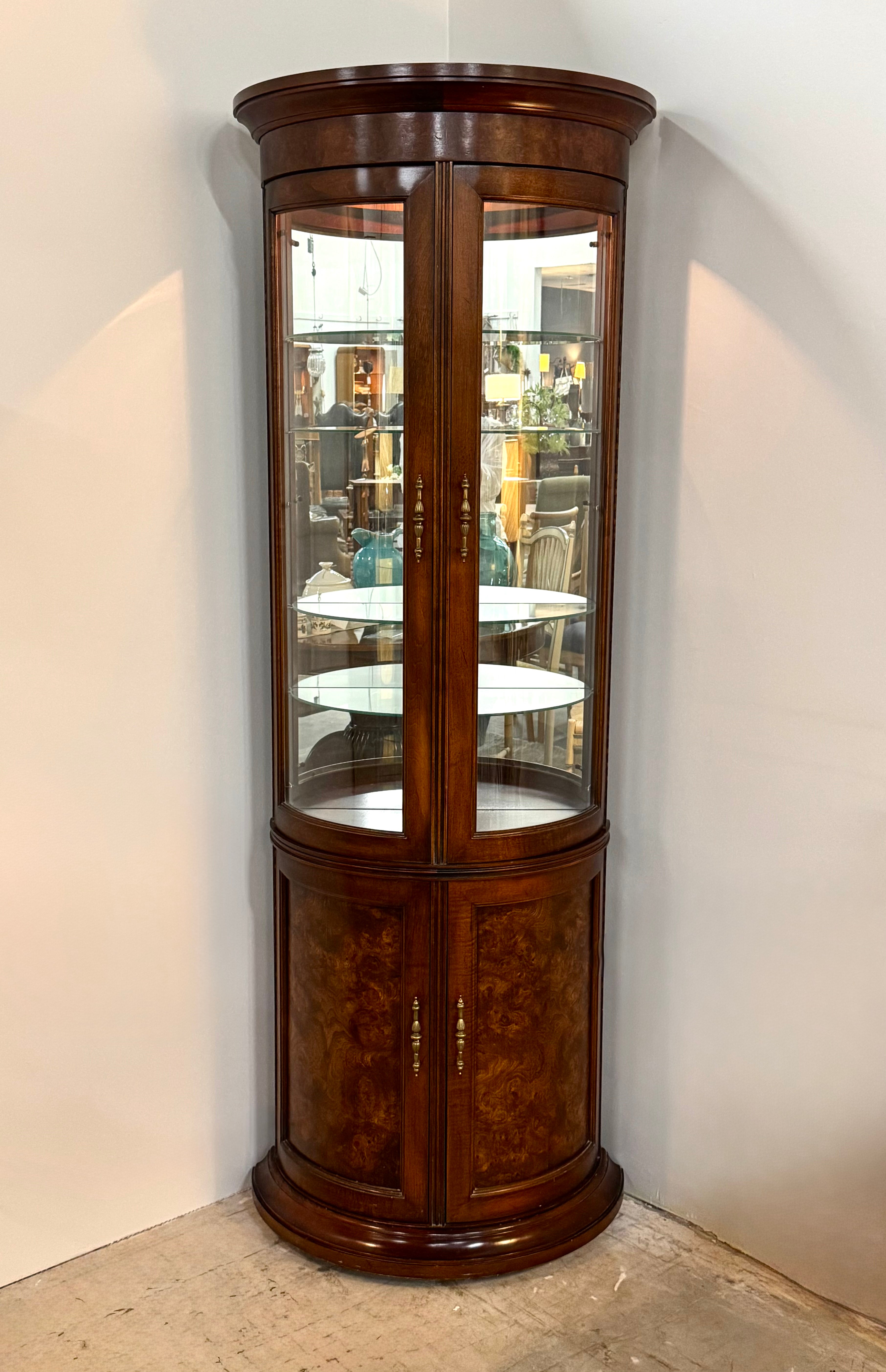 Burled Walnut Lighted Curio Cabinet