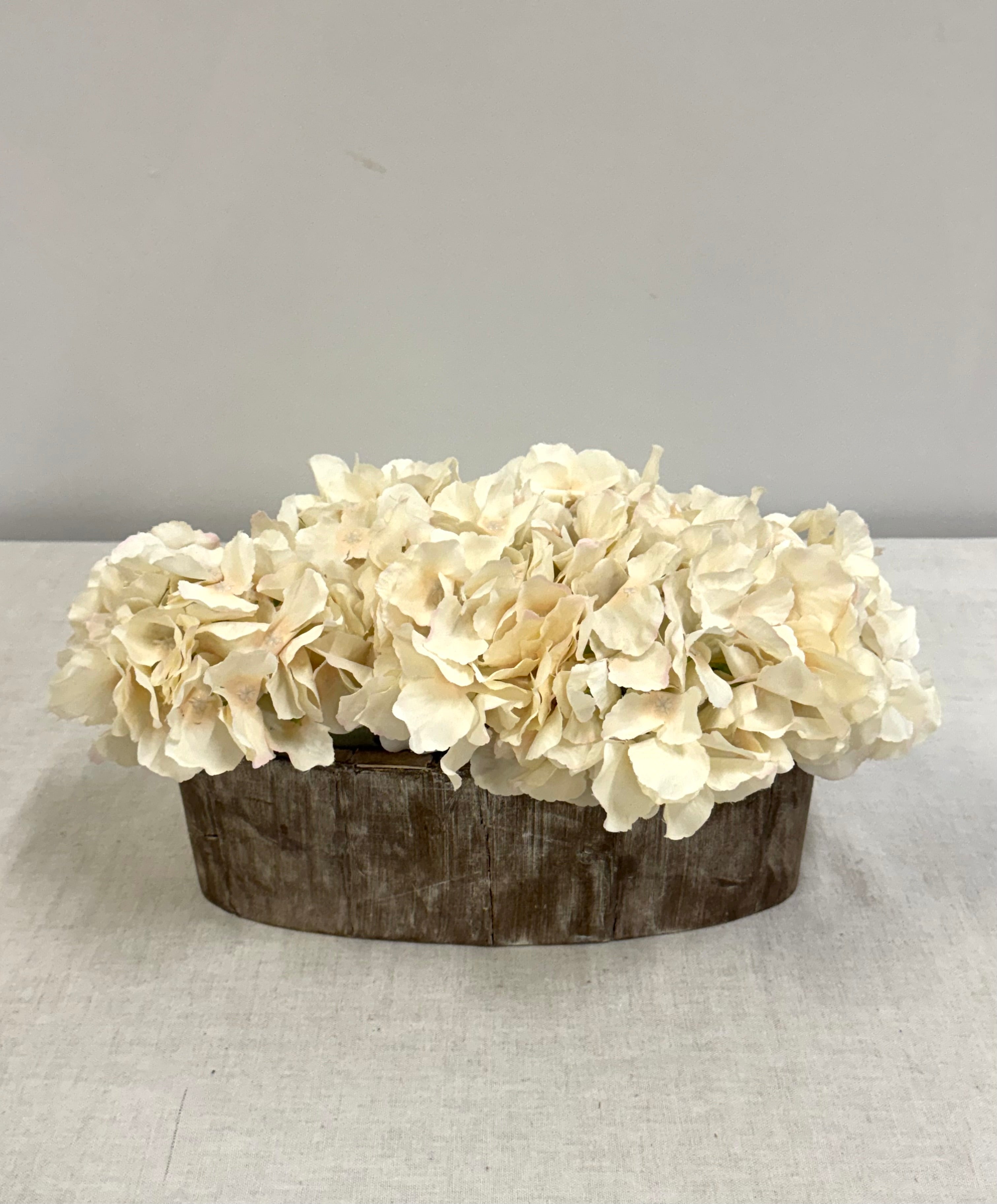 Cream Hydrangeas in White-washed Wood Planter