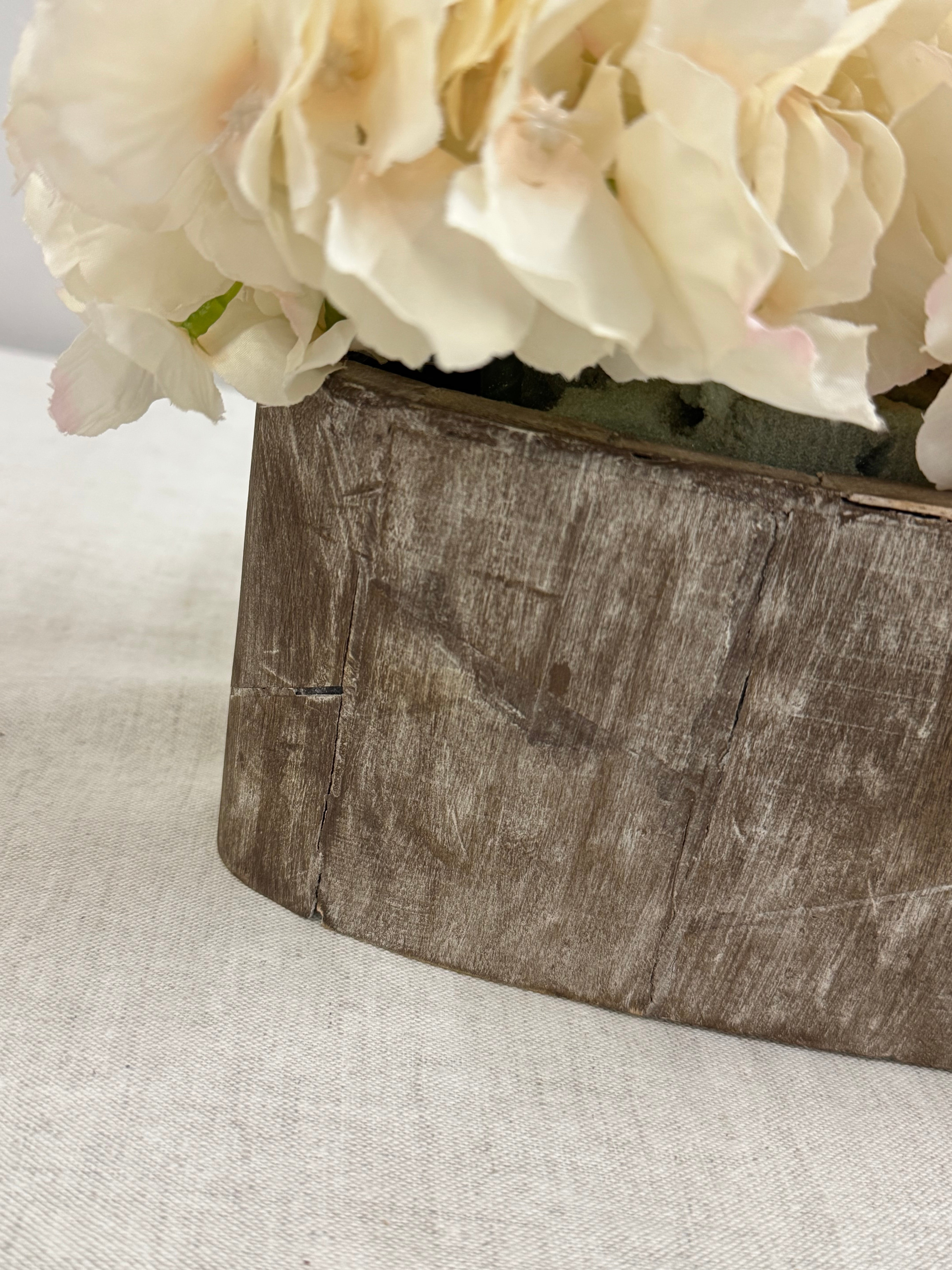 Cream Hydrangeas in White-washed Wood Planter