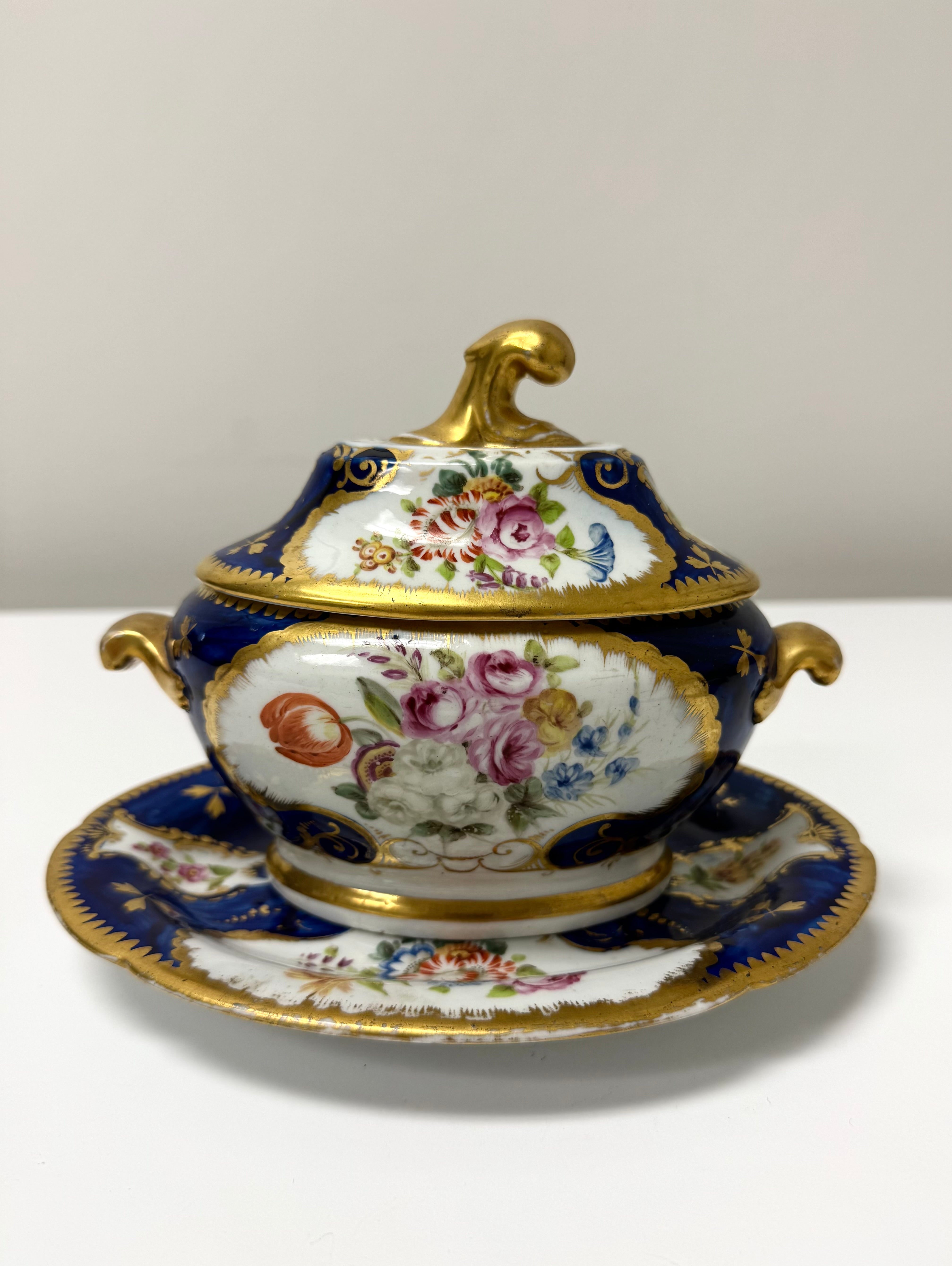 Antique Deep Cobalt Floral Gilt Ecuelle