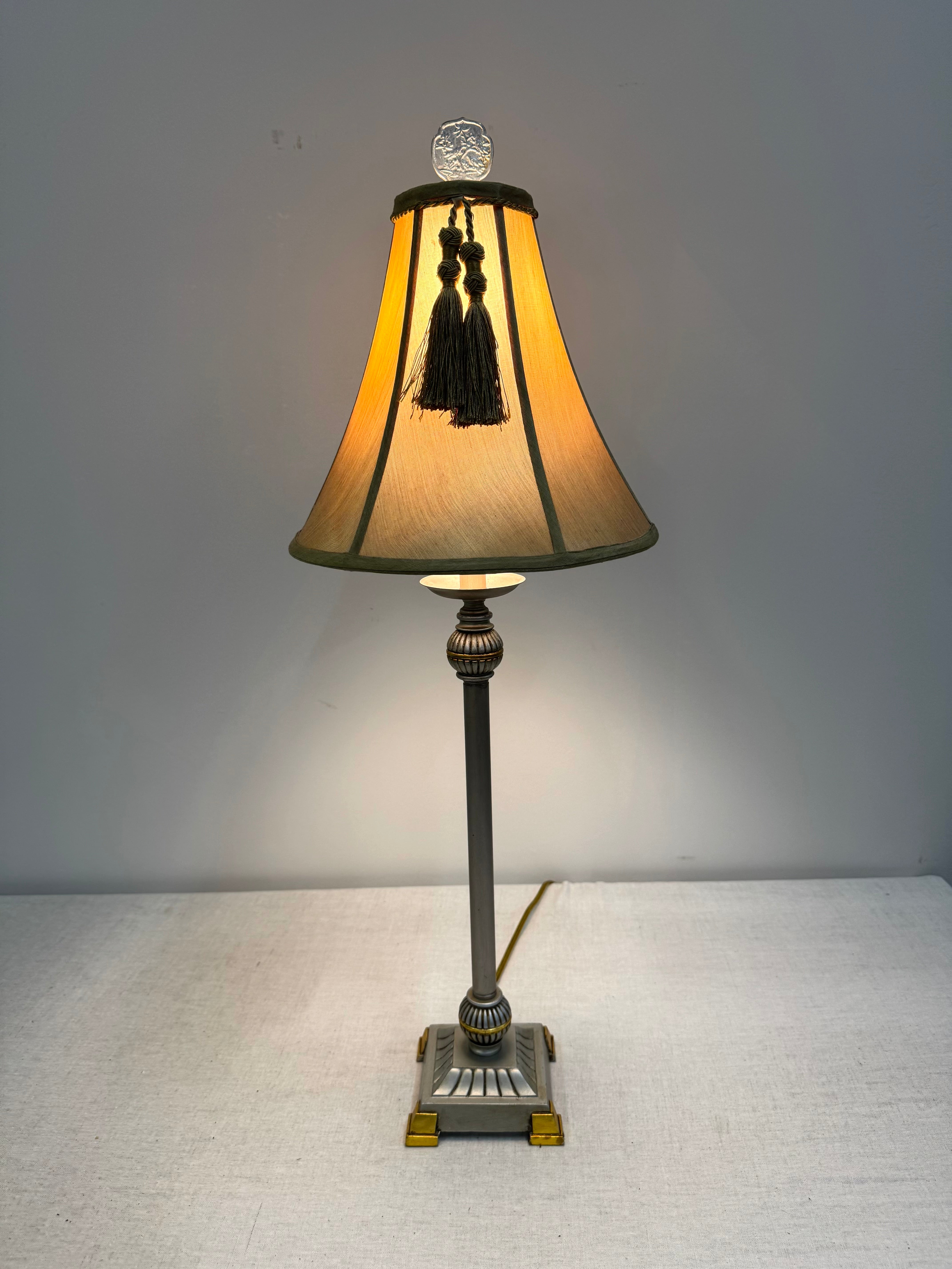 Matte Silver Lamp with Gold Silk Shade & Tassel