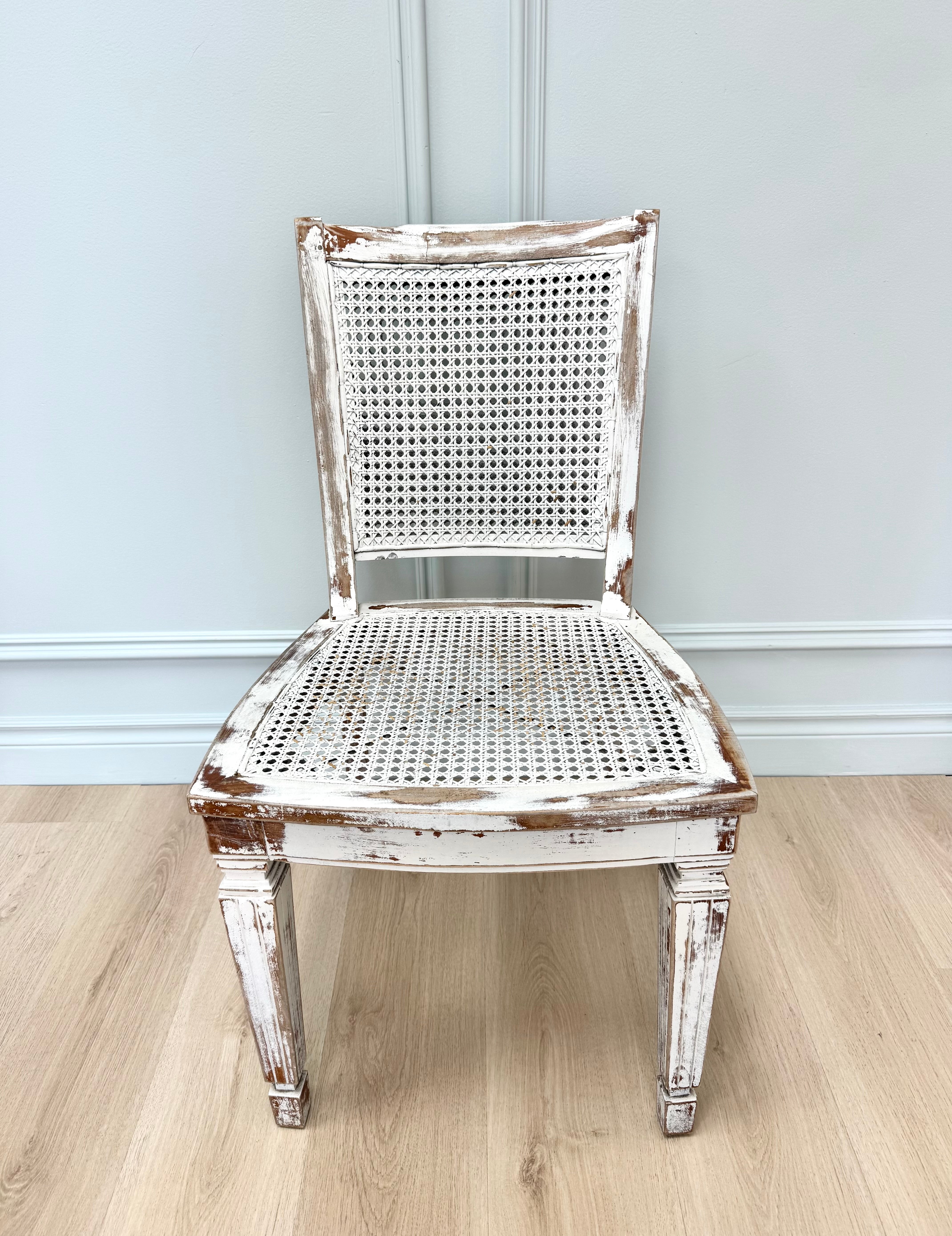 French Vintage Distressed White Cane Chair