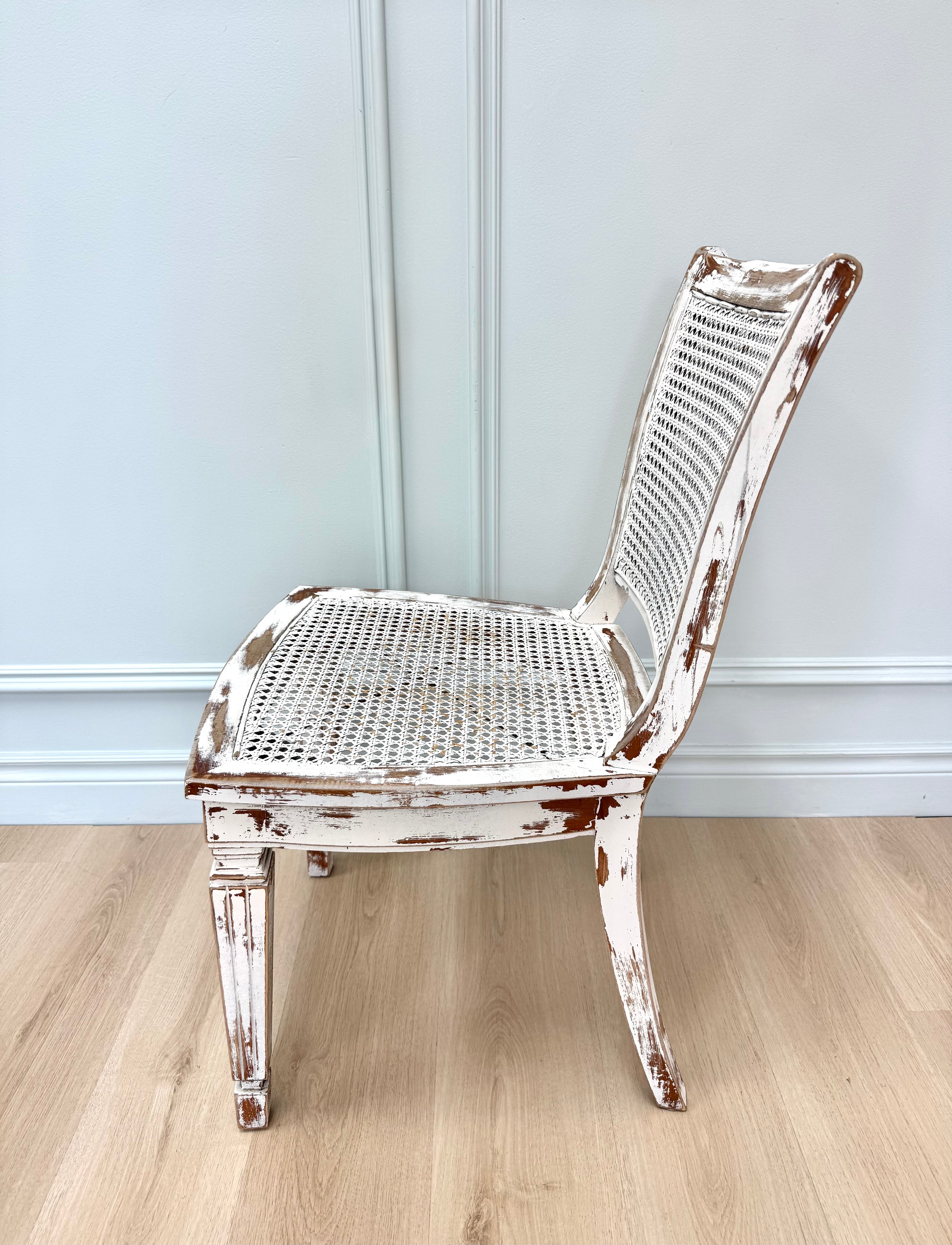 French Vintage Distressed White Cane Chair