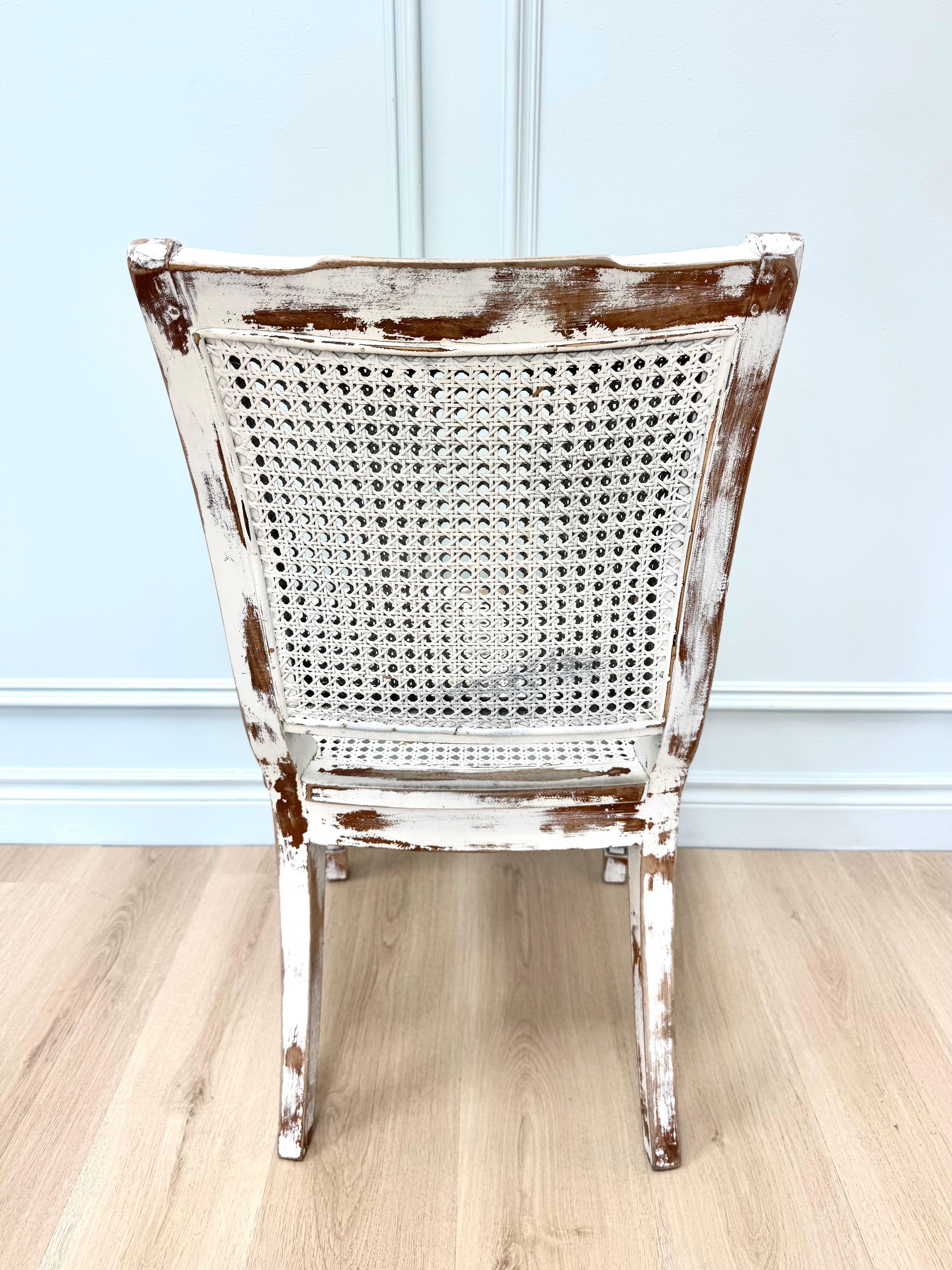 French Vintage Distressed White Cane Chair